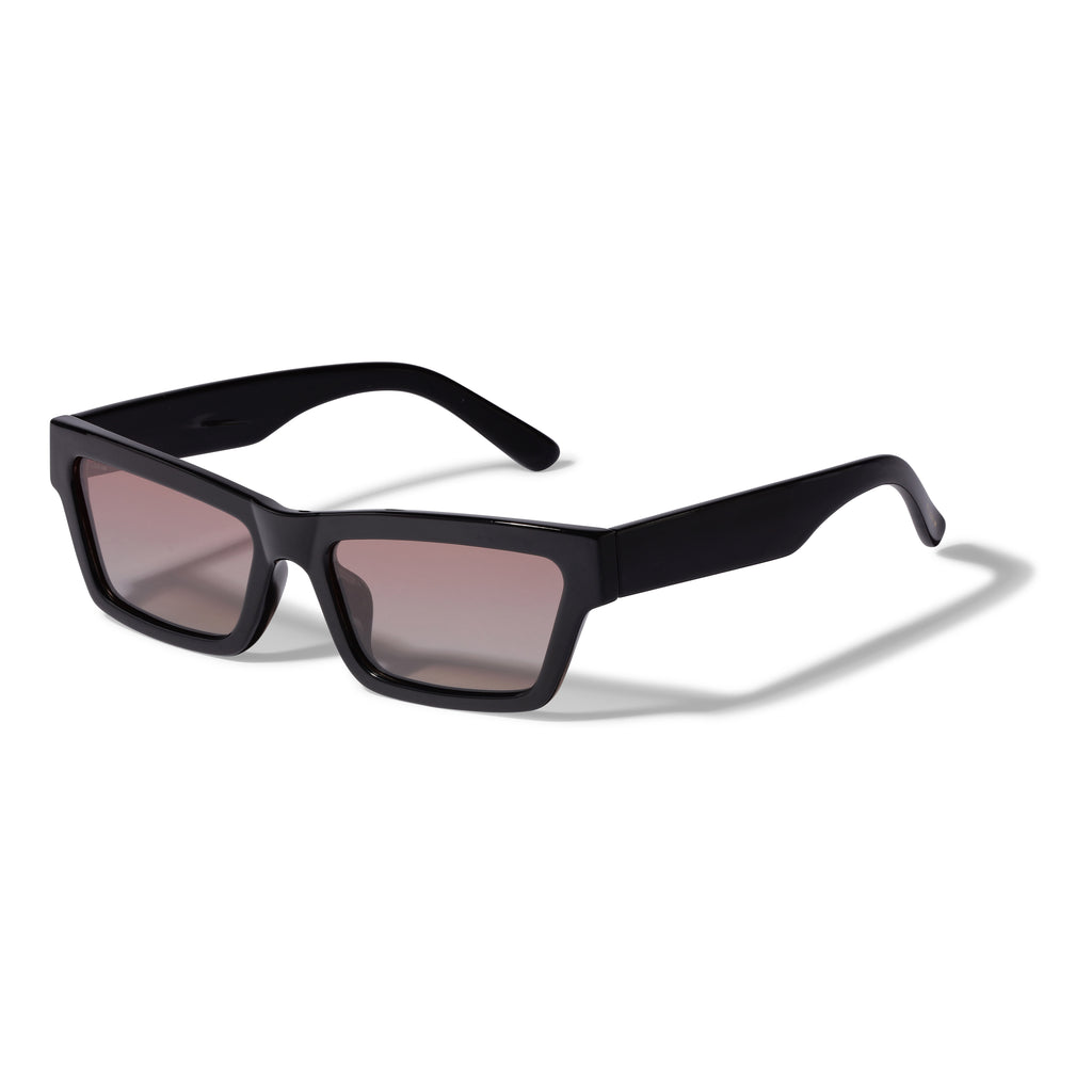 ASHLYN sunglasses black featuring angular design, brown lenses, and UVA/UVB protection, embodying Pilgrim's trendy, sophisticated style with recycled plastic frame.