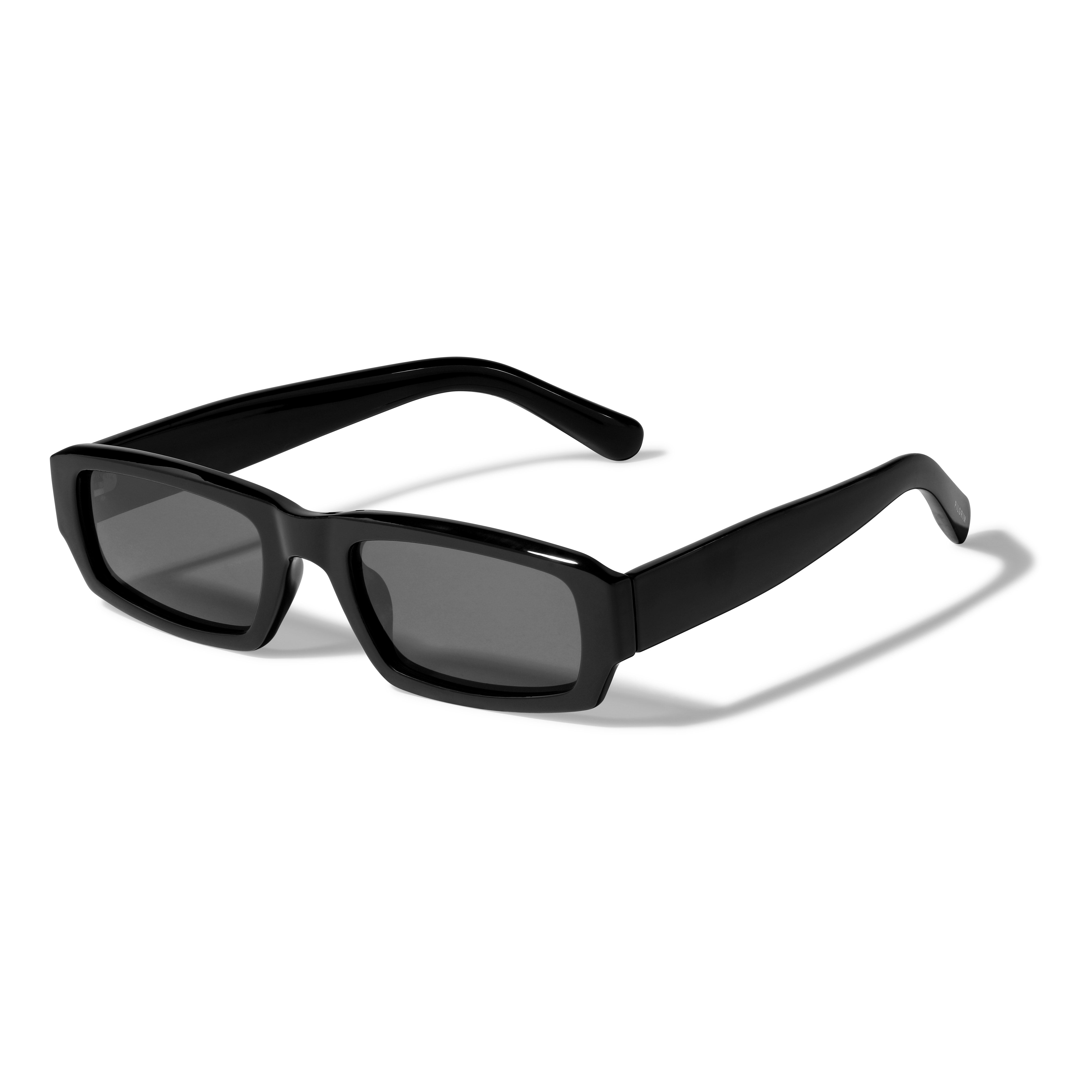 ALAYNA sunglasses black featuring a slim, angular frame with wide chunky temples, offering UV400 protection, perfect for a stylish, retro-inspired summer look.
