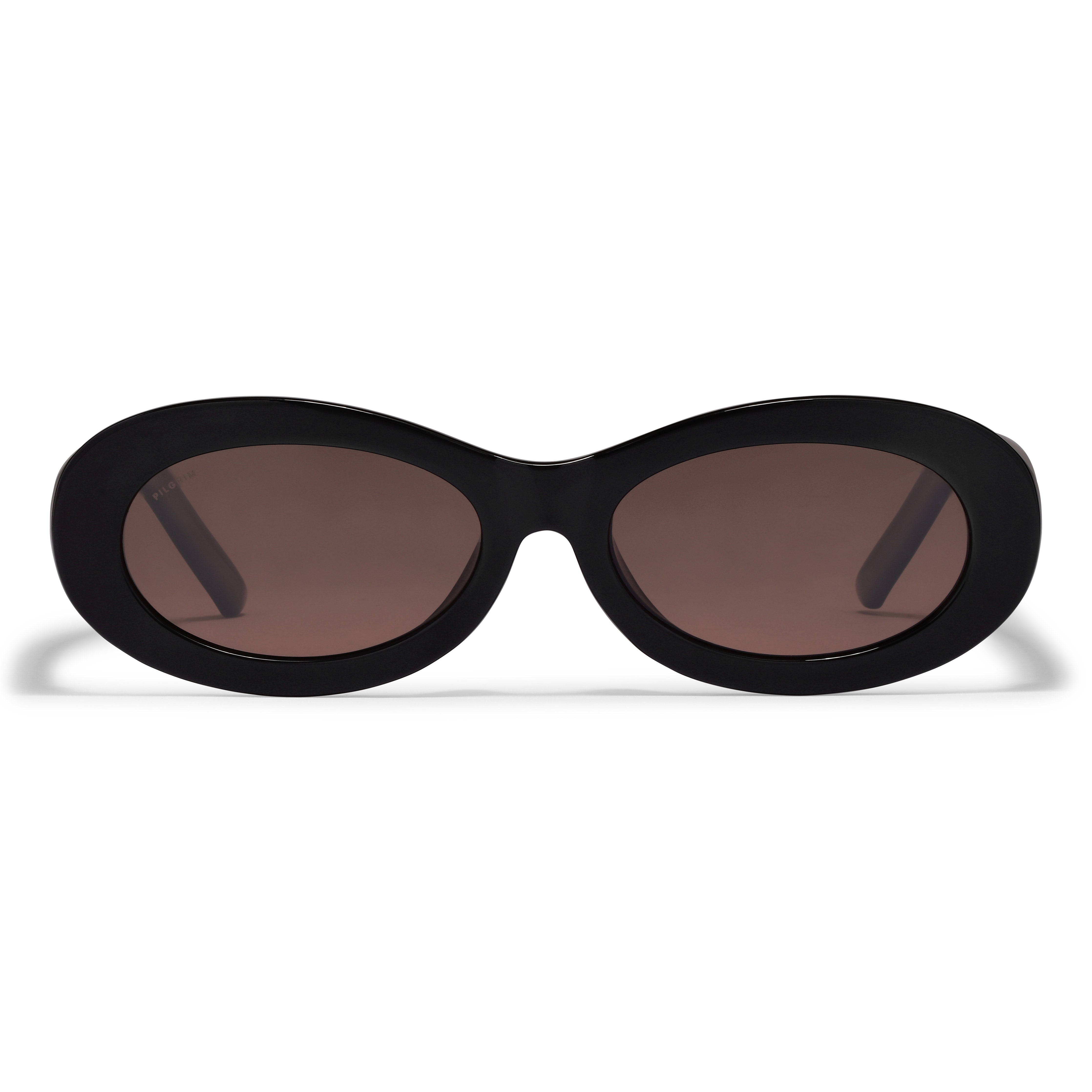 ALEXANDRIA sunglasses black with chunky oval frames and brown lenses, offering retro style and UV protection, made from 75% recycled plastic by Pilgrim.