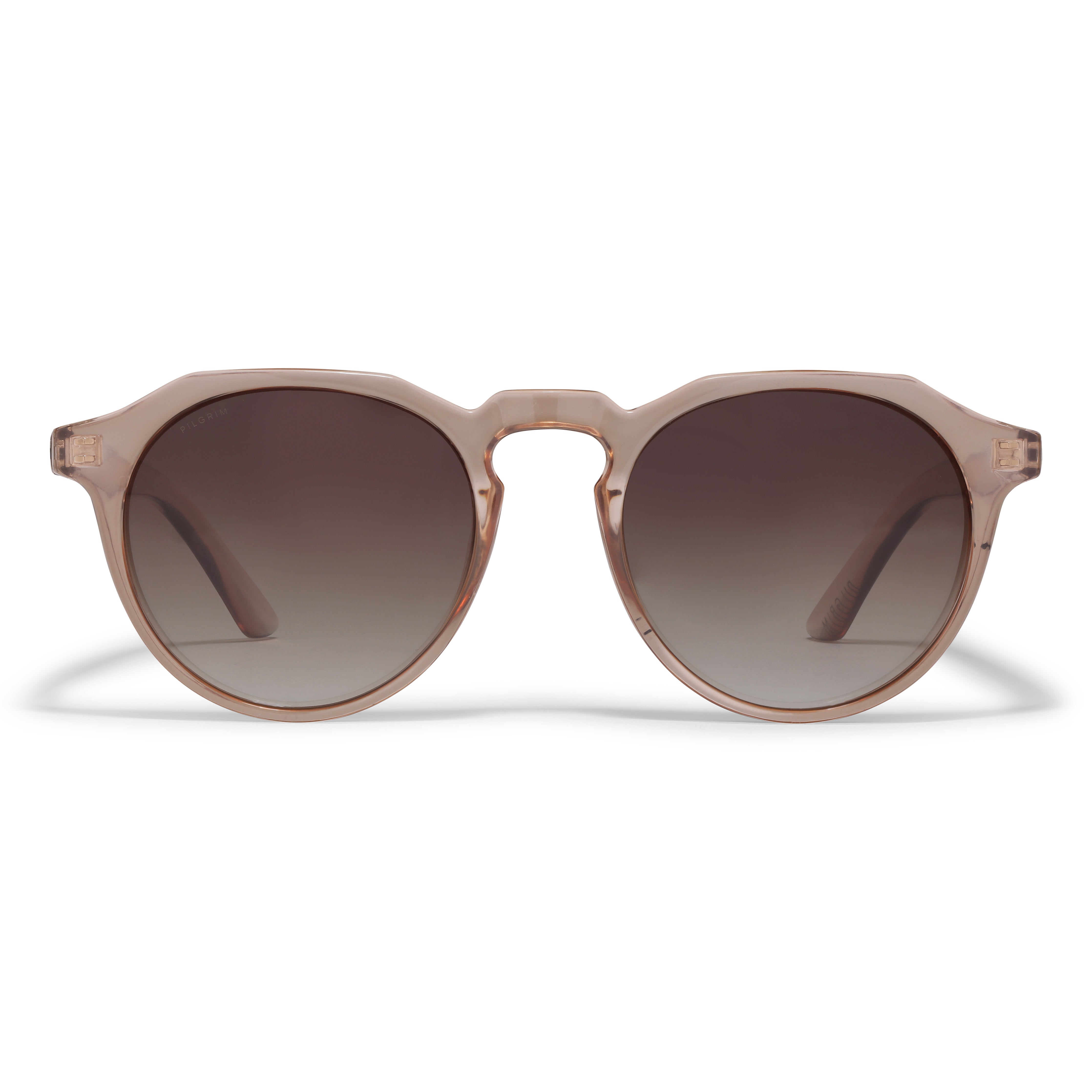 ALEJANDRA sunglasses light brown feature a unique round-to-angular frame design, offering a stylish twist. Includes a fabric pouch that serves as a protective case and cleaning cloth.
