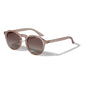 ALEJANDRA sunglasses in transparent brown, featuring a unique angular upper frame and round lenses, come with a protective fabric pouch. Offers UVA/UVB protection with UV400 lenses.