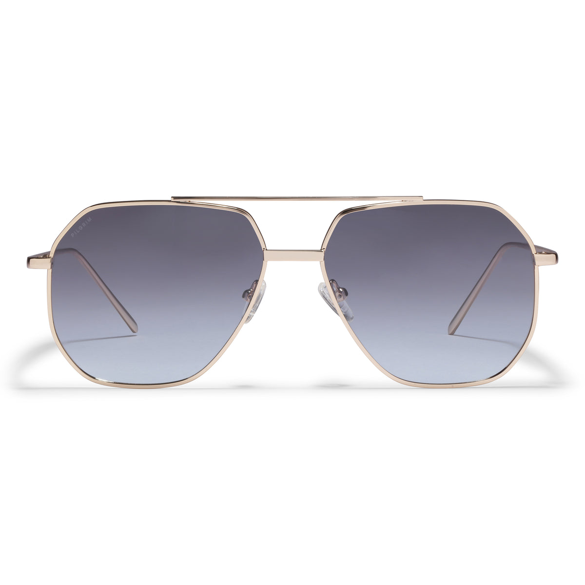 ANA sunglasses in gray and gold feature a sleek, angular Pilot-style metal frame, perfect for a cool, classy look with UVA/UVB protection.