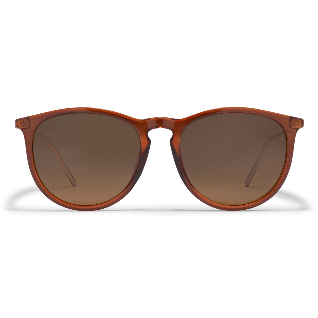 VANILLE sunglasses in brown with gold-plated temples, featuring a sleek, transparent frame. Ideal for minimalist styles, offering UVA/UVB protection from Pilgrim.