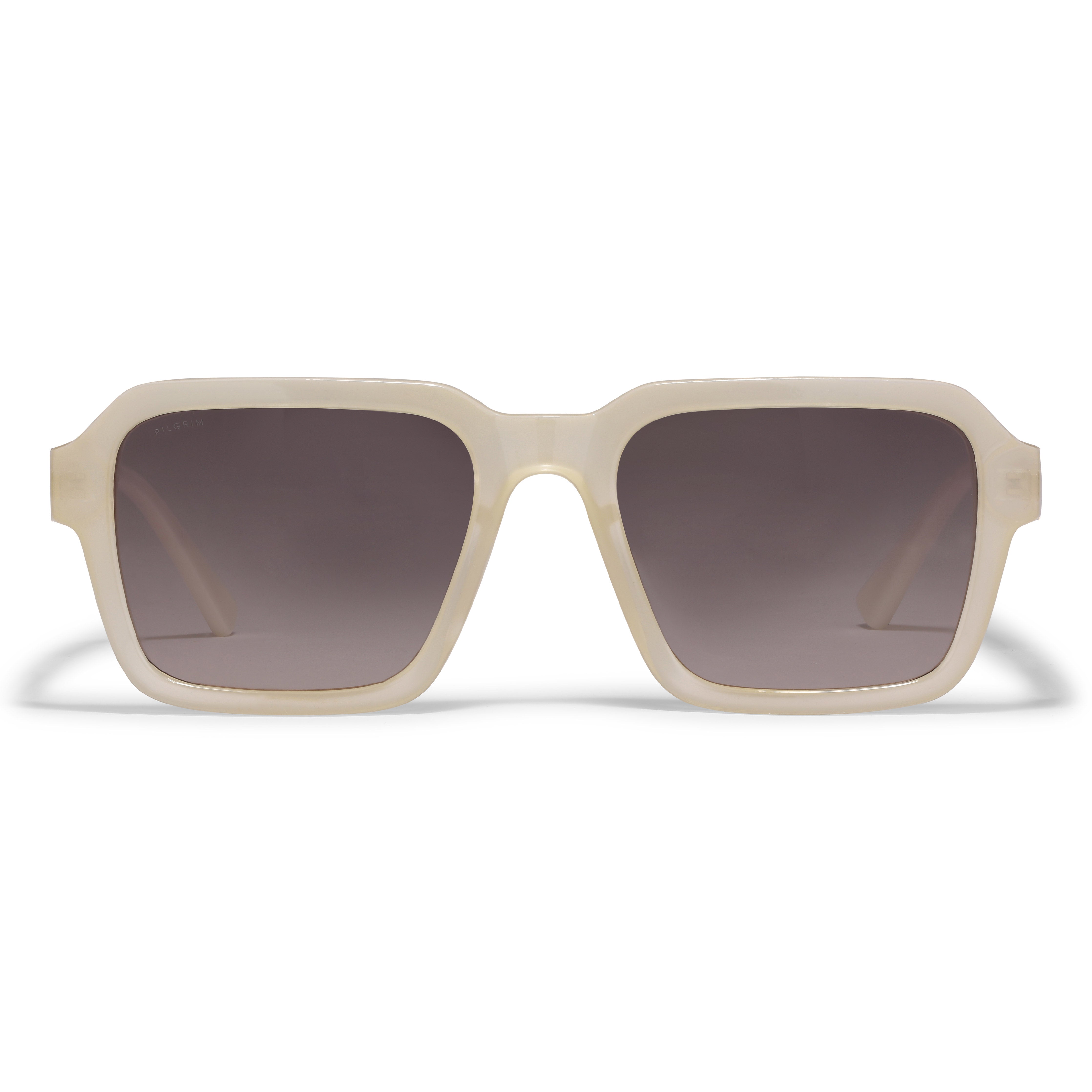 ADDILYN sunglasses with oversized white frame and grey lenses, featuring metal temples with cut-out detailing, embodying a retro, stylish vibe from Pilgrim.