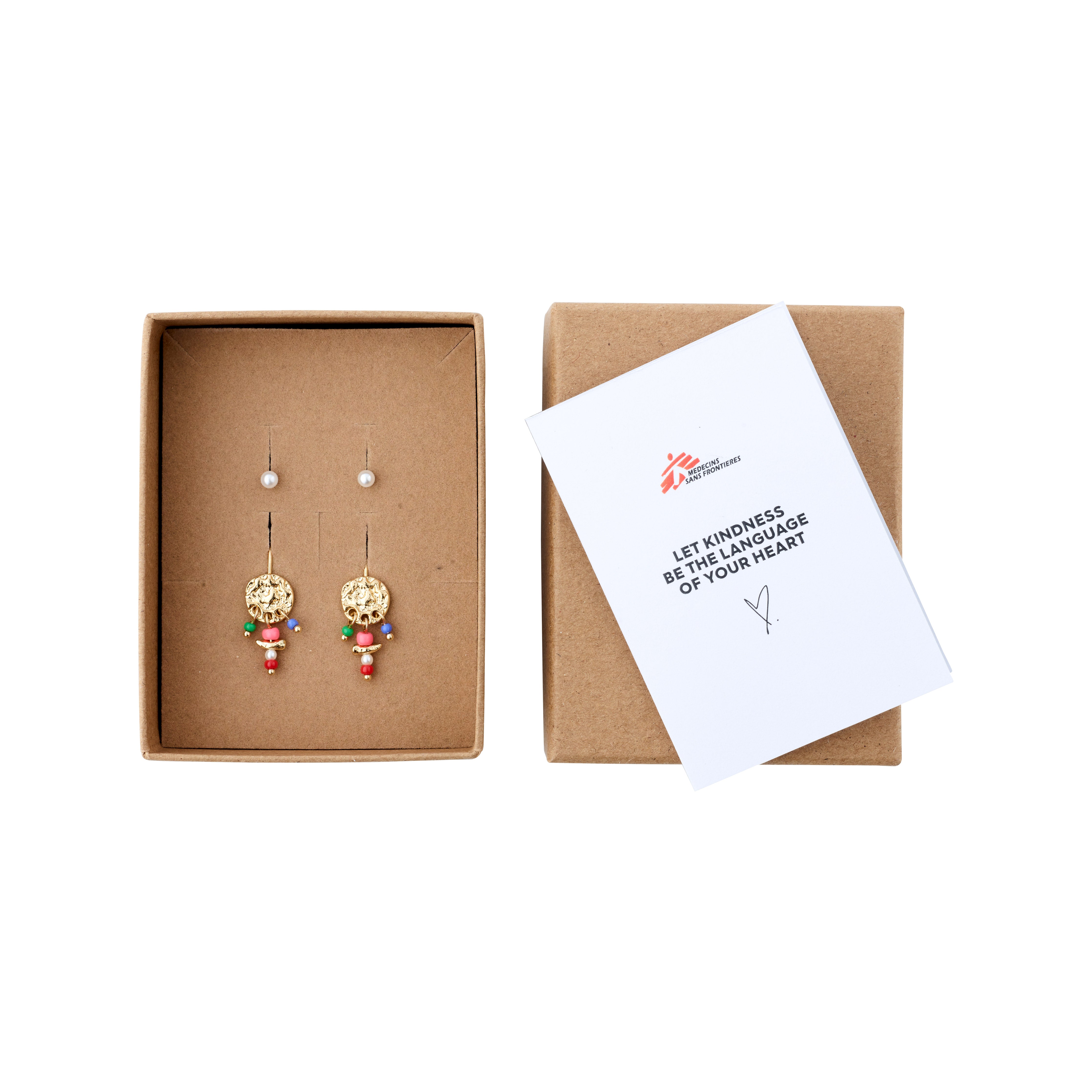 MSF earrings 2-in-1 set gold-plated in a box, featuring gold-plated coin earrings with colorful beads and a beaded pair, supporting Médecins Sans Frontières.