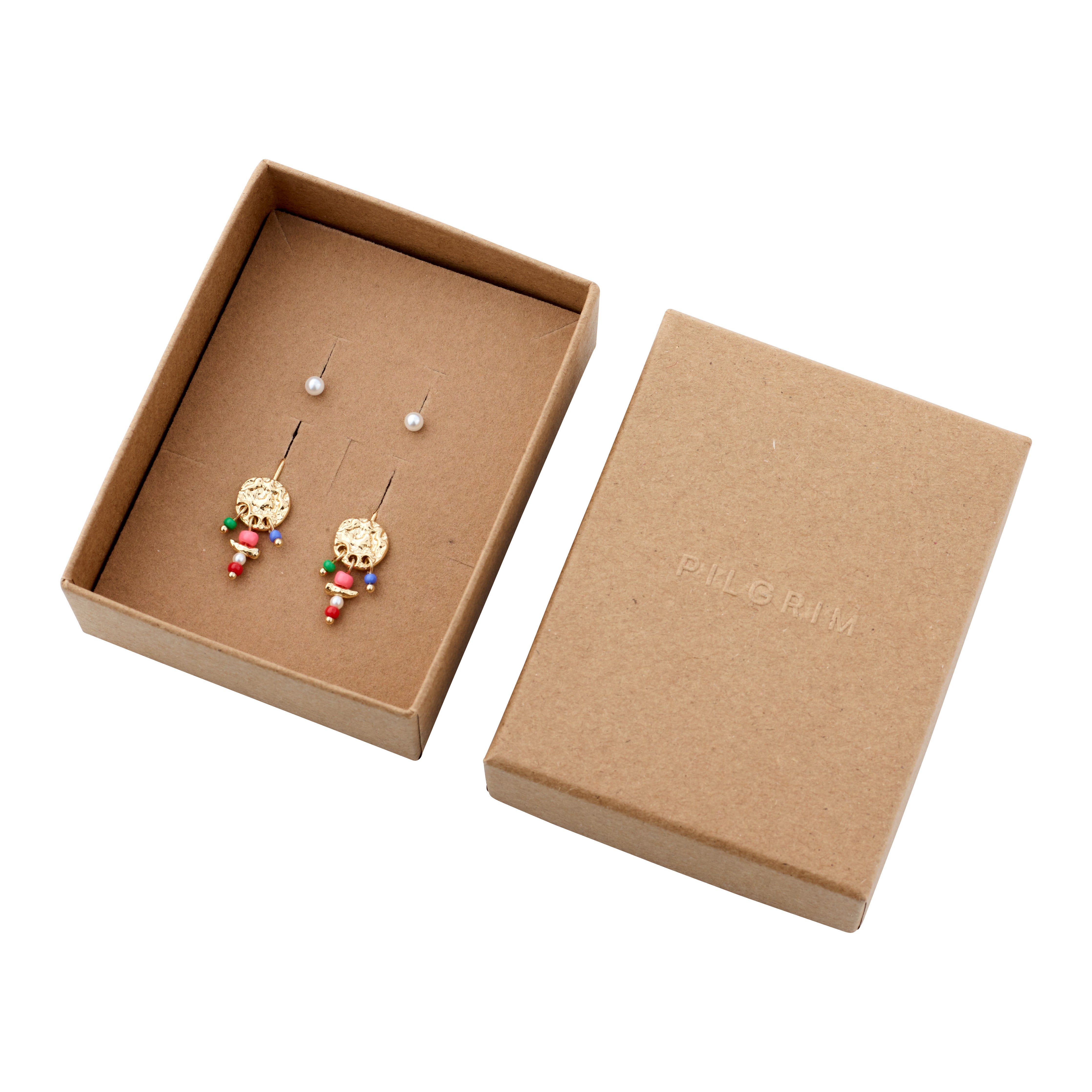 MSF earrings 2-in-1 set gold-plated, featuring coin earrings with colorful beaded pendants and beaded earrings in a gift box, supporting Médecins Sans Frontières.