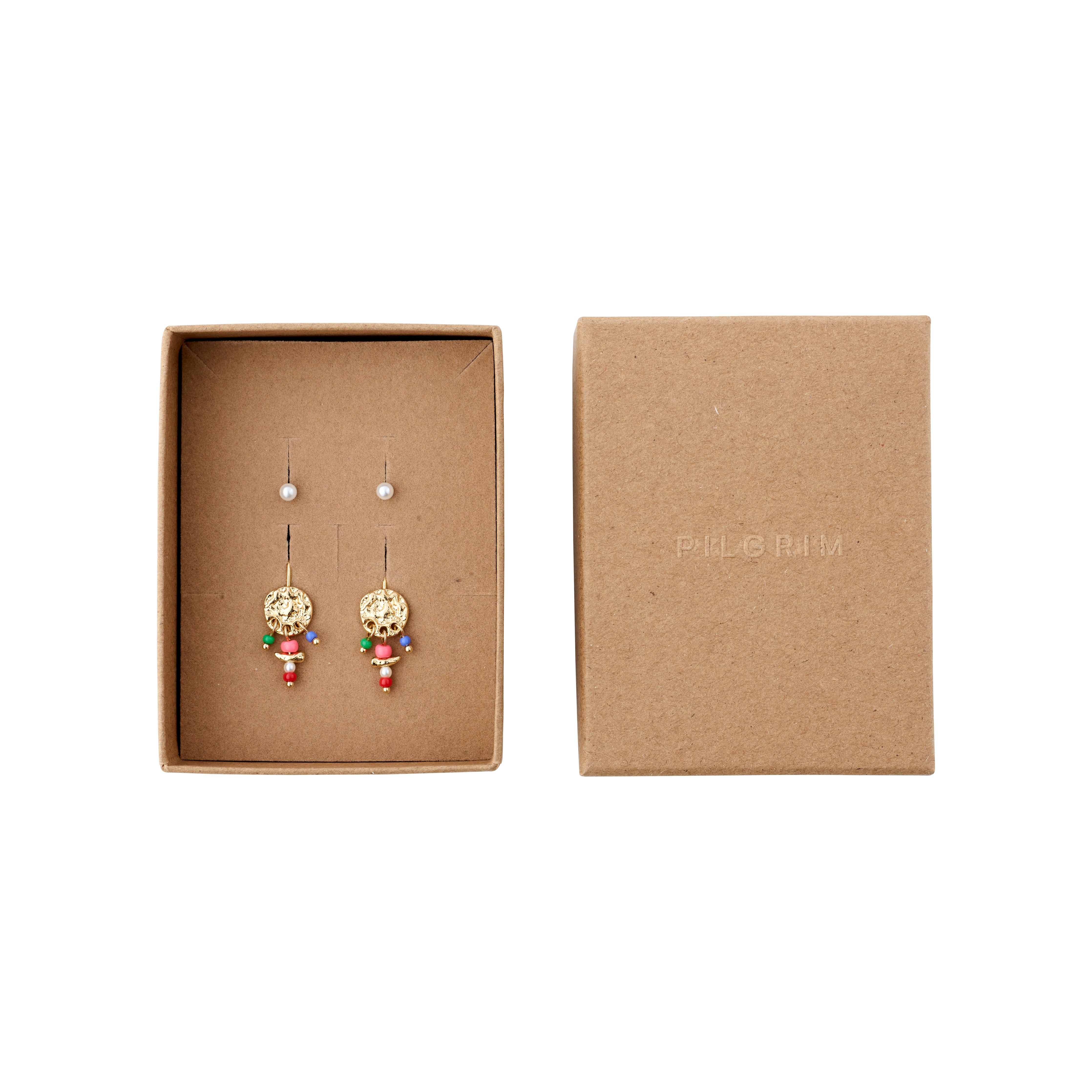 MSF earrings 2-in-1 set gold-plated, featuring gold coin and colorful beaded pendants in a box, supporting Médecins Sans Frontières.
