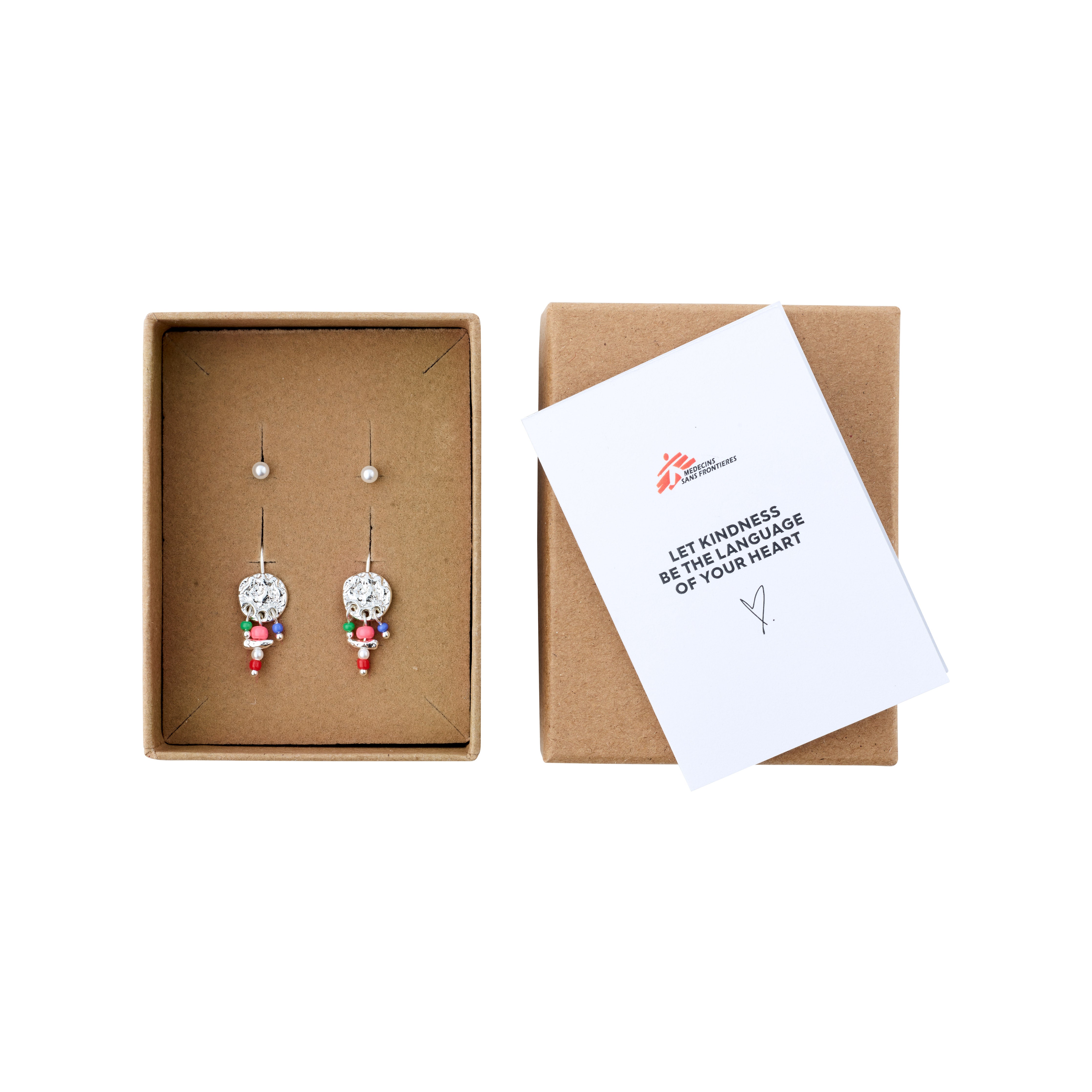 MSF earrings 2-in-1 set silver-plated, featuring beaded pendants and silver-plated coin earrings, presented in a box. Supports Médecins Sans Frontières.