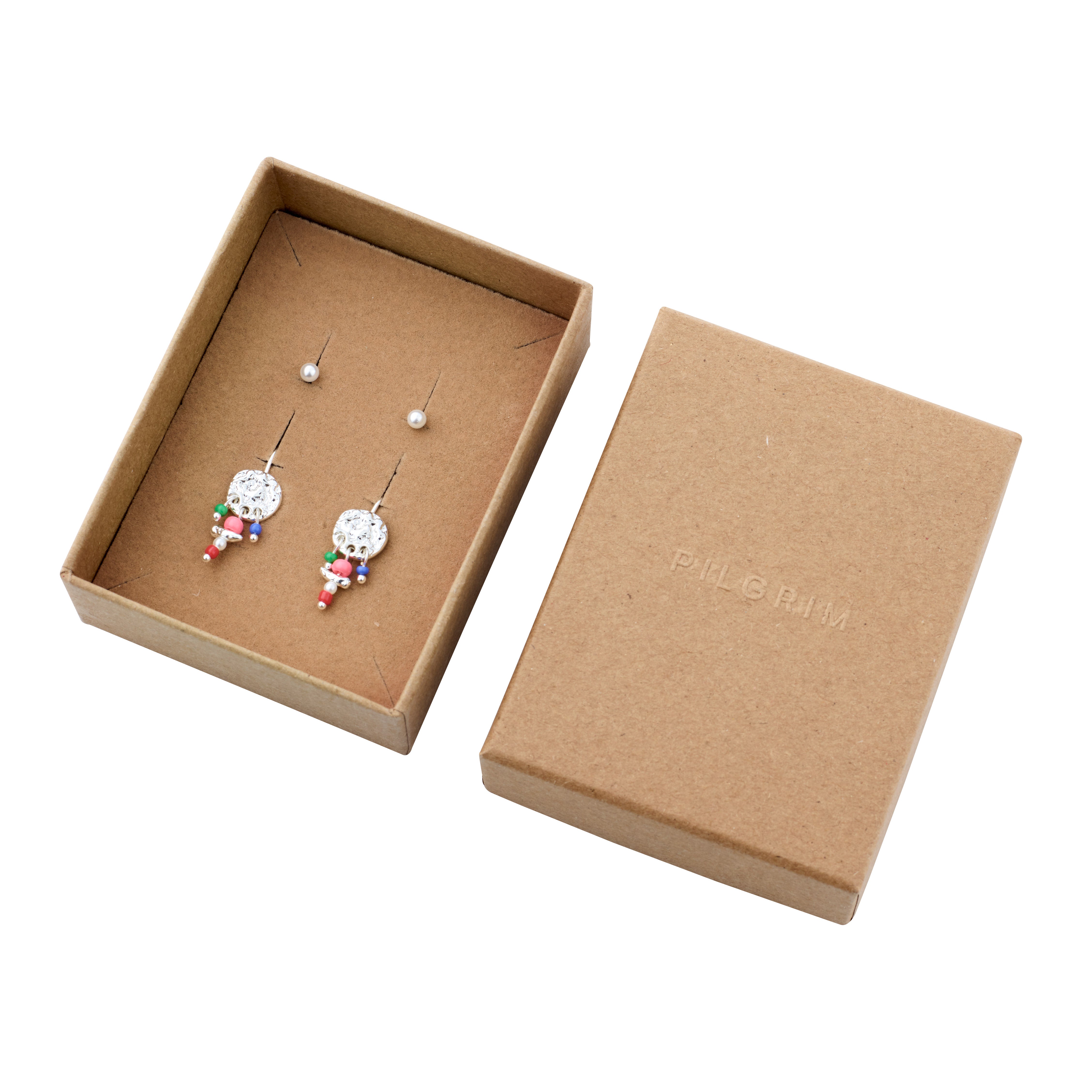 MSF earrings 2-in-1 set silver-plated featuring colorful beaded pendants and coin design, supporting Médecins Sans Frontières. Presented in a tan box.