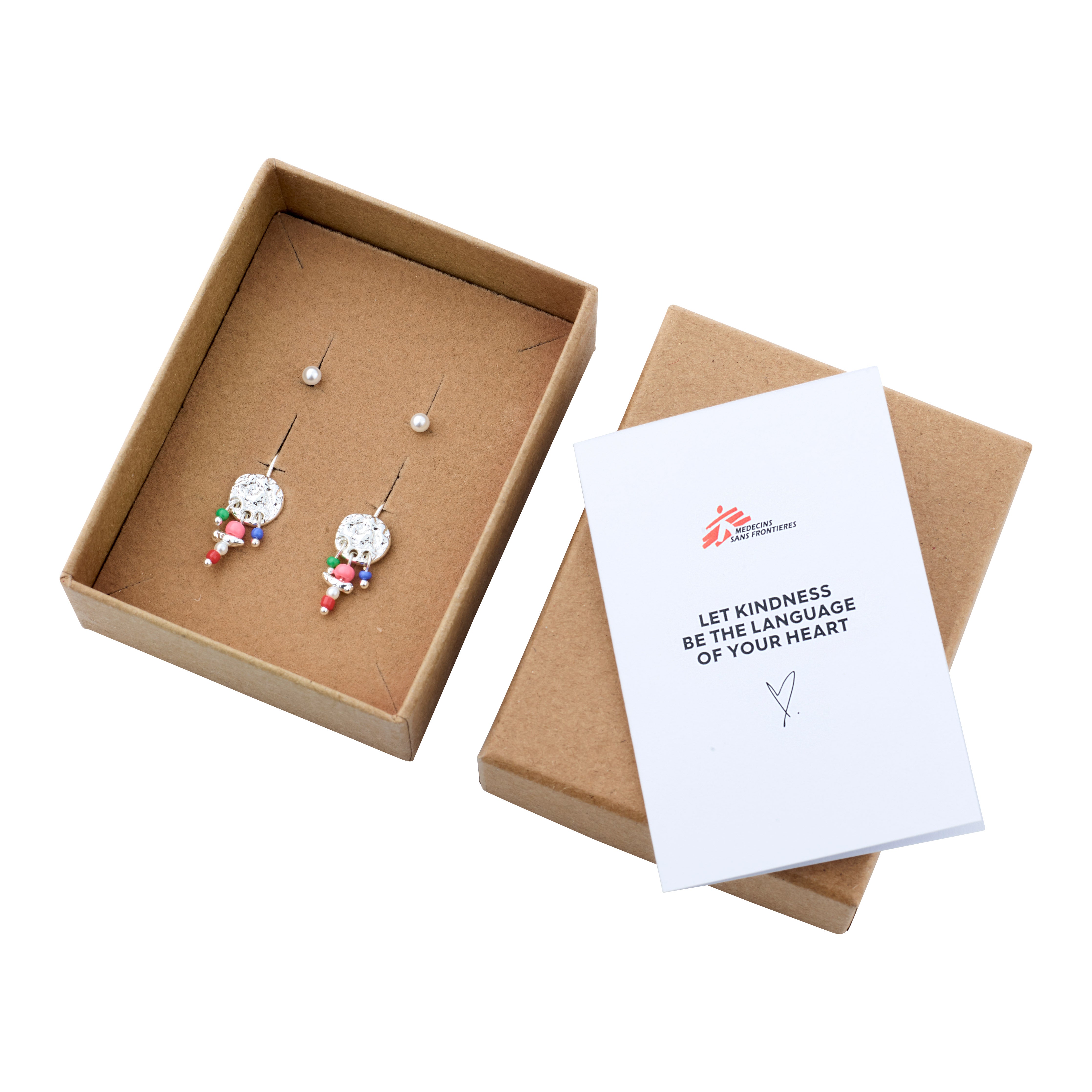 MSF earrings 2-in-1 set silver-plated in a box, featuring silver-plated coin earrings with colorful beaded pendants and additional beaded earrings.
