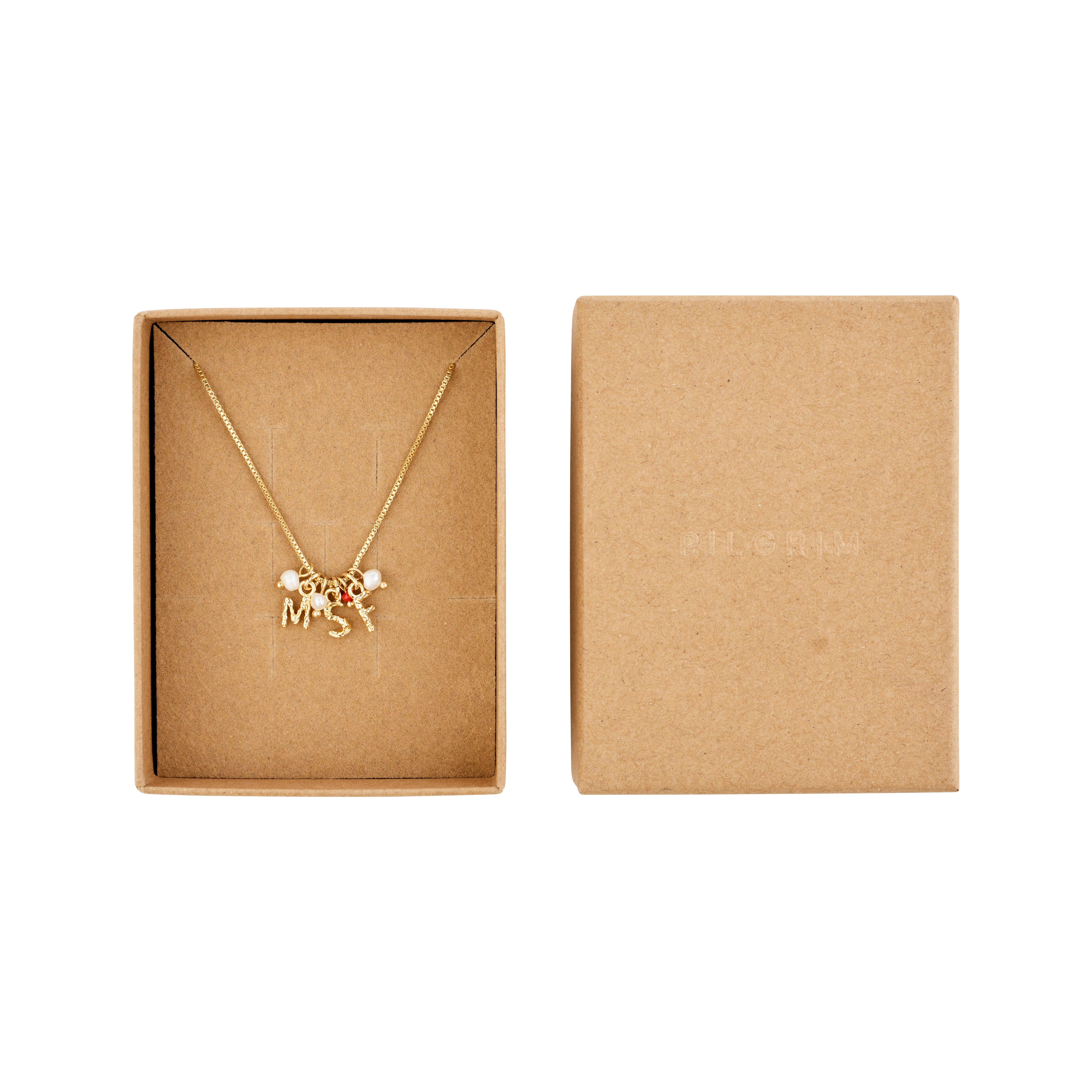 Gold-plated MSF charity necklace featuring letter charms, freshwater pearls, and a red micro pearl, presented in a brown box. Supports Doctors Without Borders.