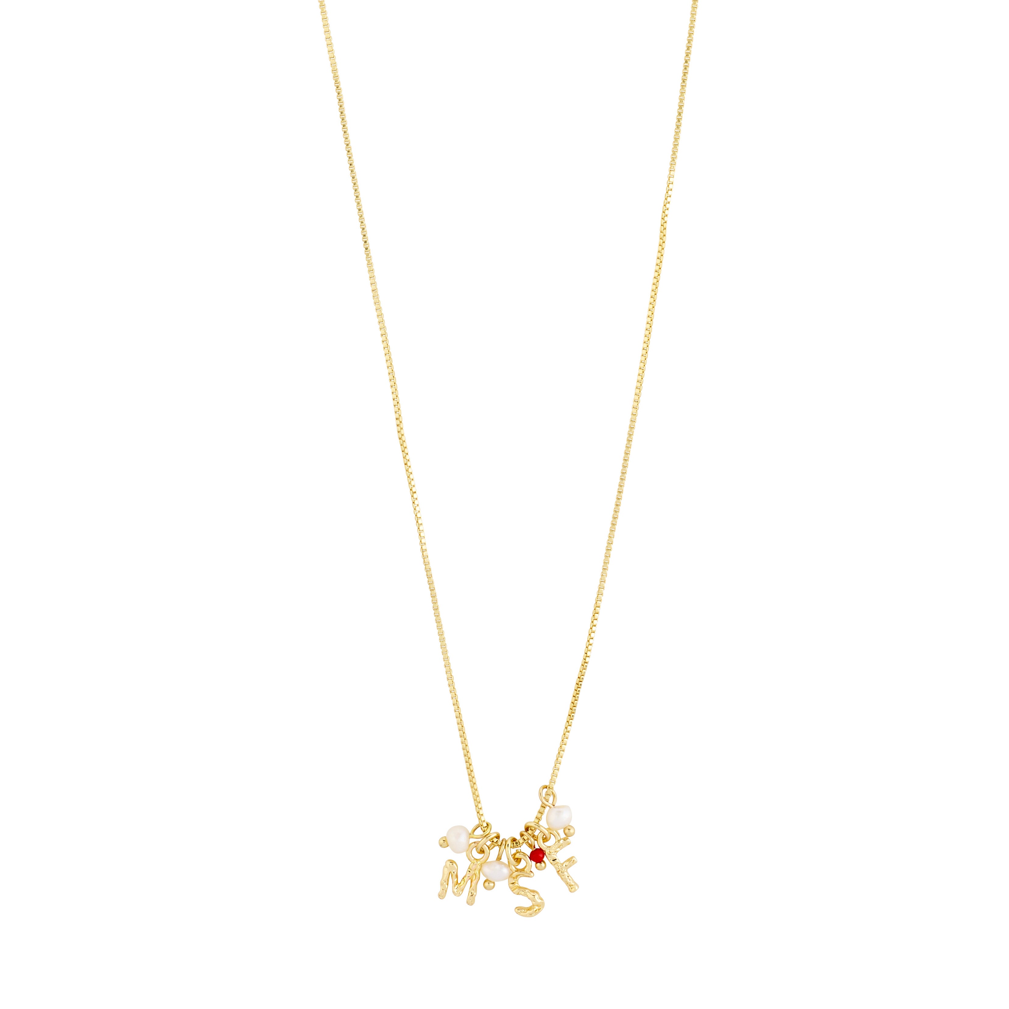 Gold-plated MSF charity necklace featuring a pendant, petit freshwater pearls, and a red micro pearl, supporting Doctors Without Borders. Fashionable and meaningful accessory.