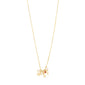 Gold-plated MSF charity necklace featuring a pendant, petit freshwater pearls, and a red micro pearl, supporting Doctors Without Borders. Fashionable and meaningful accessory.