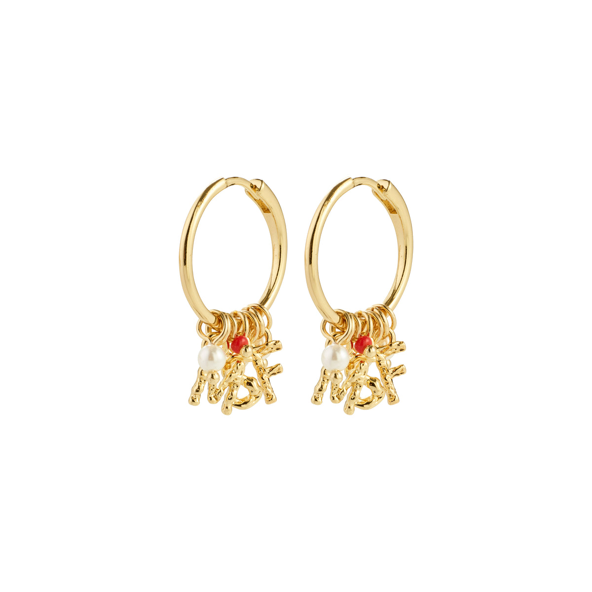 MSF earrings gold-plated with letter charms, a white pearl, and coral bead, supporting Doctors Without Borders. Crafted from 83% recycled material for a trendy, impactful statement.