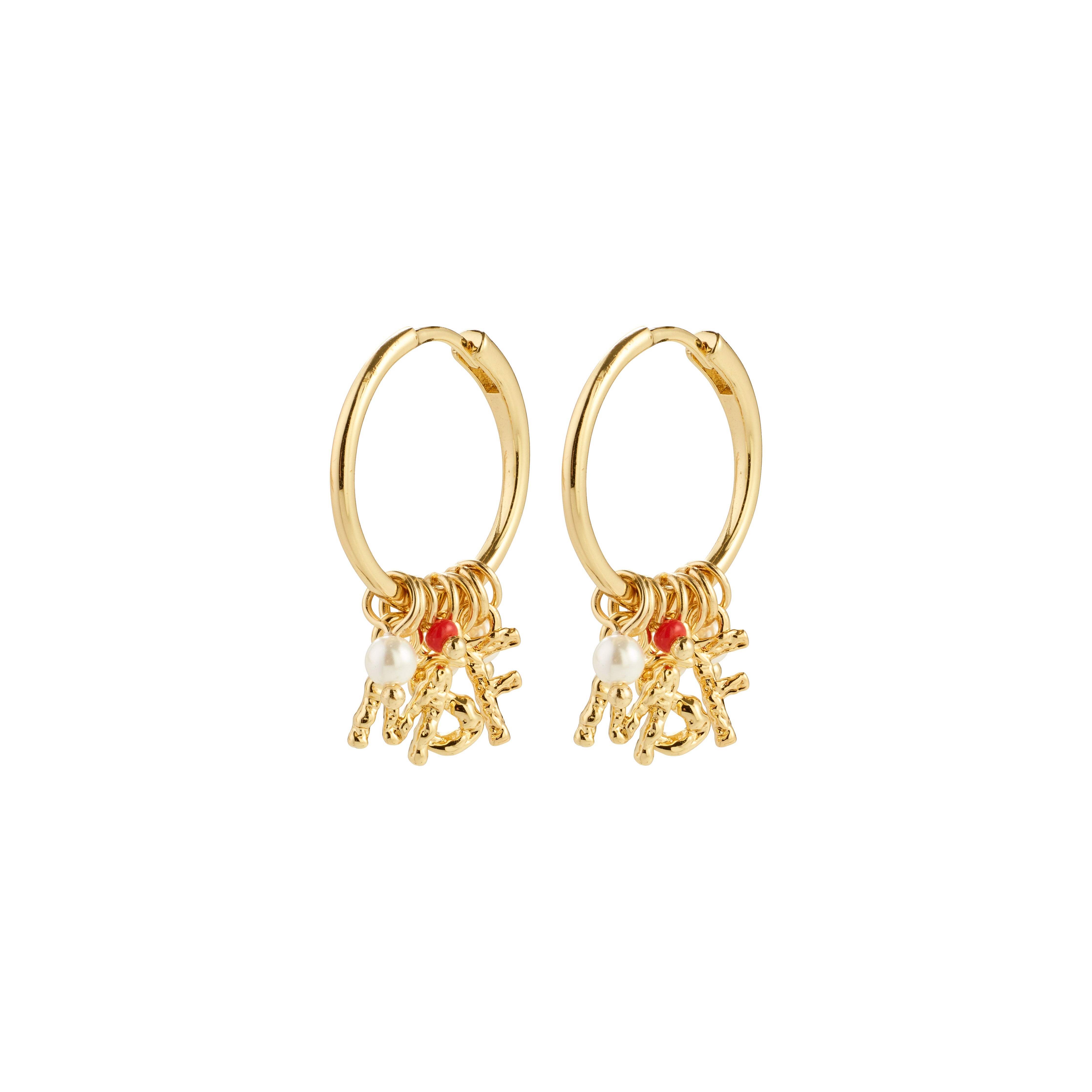 MSF earrings gold-plated with letter charms, a white pearl, and coral bead, supporting Doctors Without Borders. Crafted from 83% recycled material for a trendy, impactful statement.