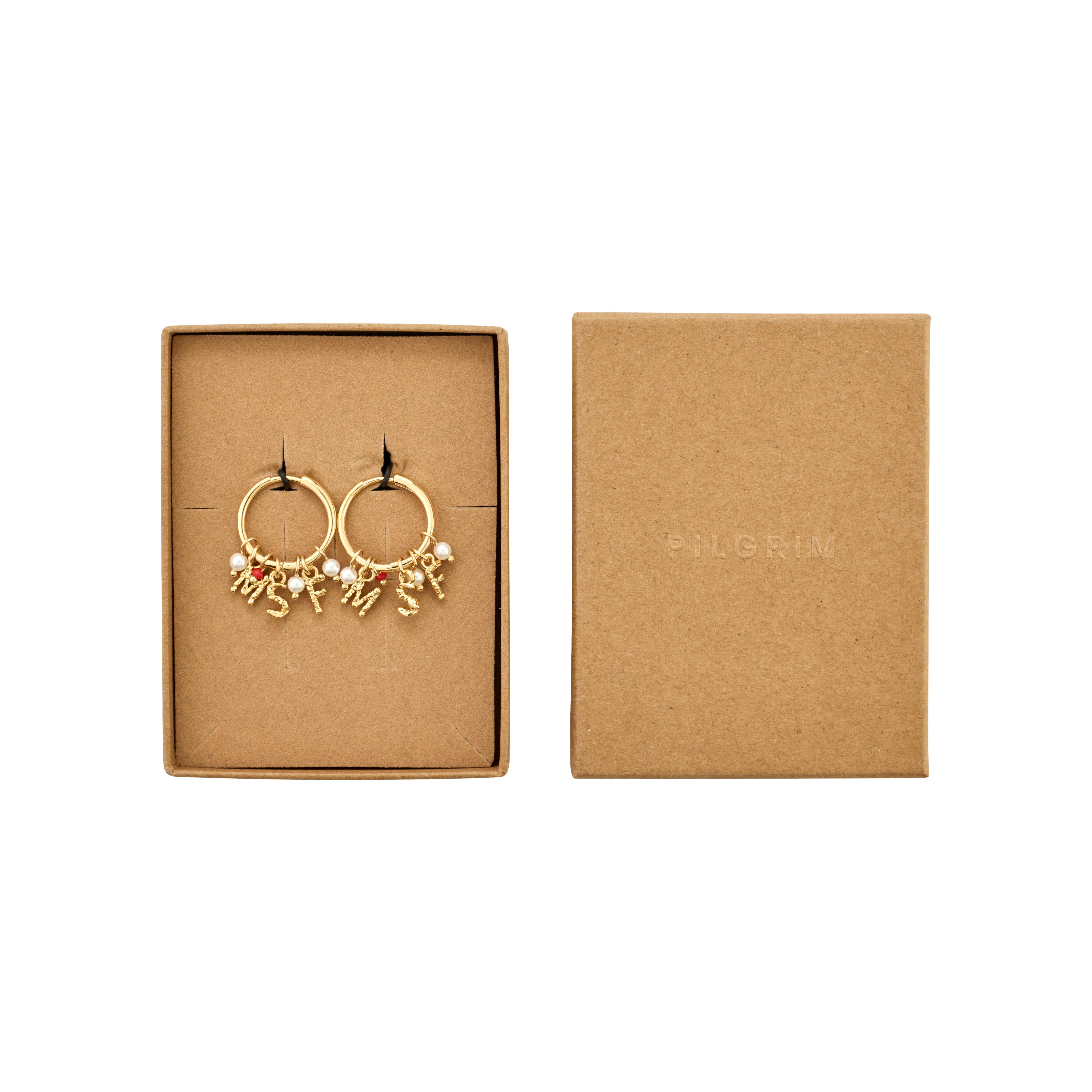 MSF earrings gold-plated in a kraft box; hoops with charms including letters, faux-pearls, and a red bead, supporting Doctors Without Borders.