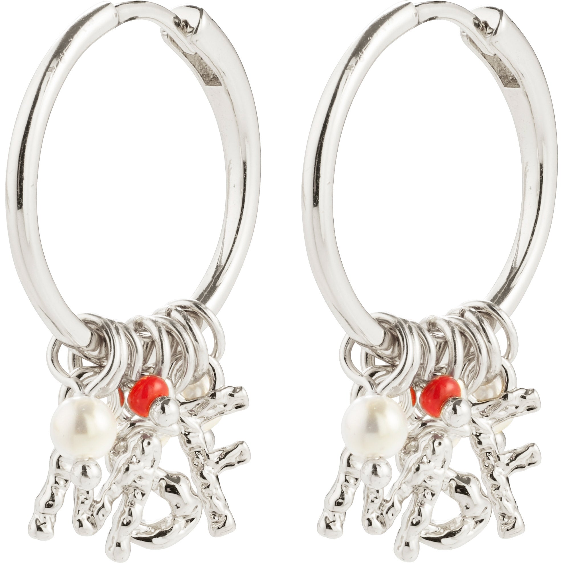 MSF earrings silver-plated feature small hoops with coral-shaped charms, a red bead, white pearl-style bead, and silver beads; supports Doctors Without Borders.