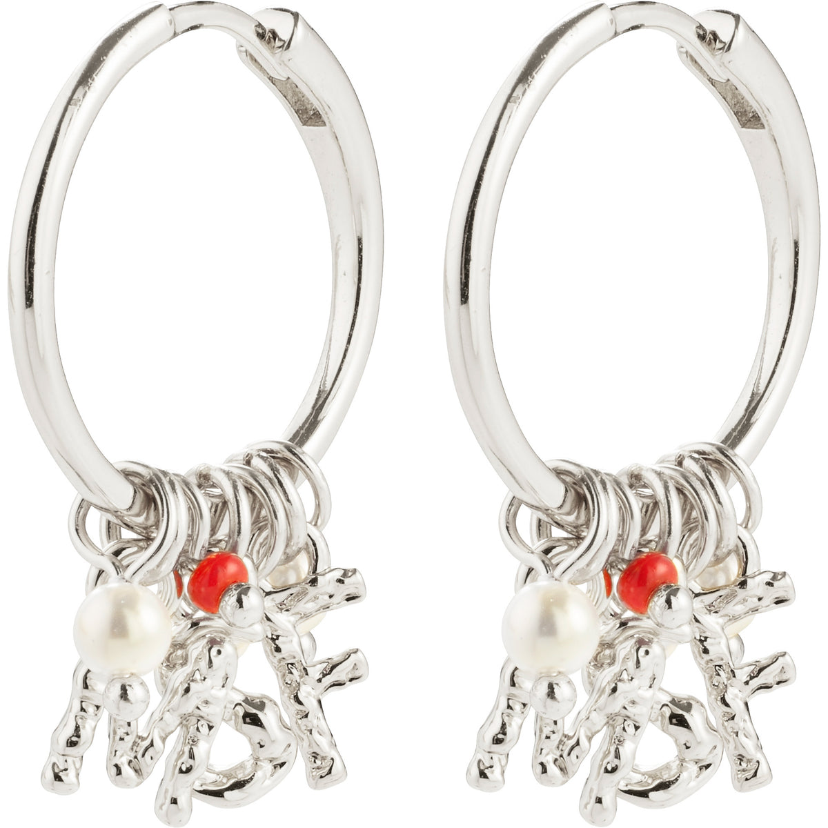 MSF earrings silver-plated feature small hoops with coral-shaped charms, a red bead, white pearl-style bead, and silver beads; supports Doctors Without Borders.