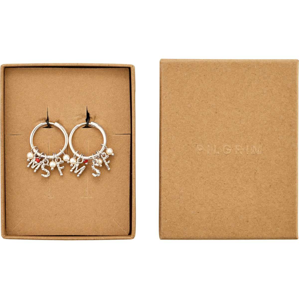 MSF earrings silver-plated in a kraft-paper box, featuring charms of pearl-style beads, red bead, and letter pendants, supporting Doctors Without Borders with recycled materials.