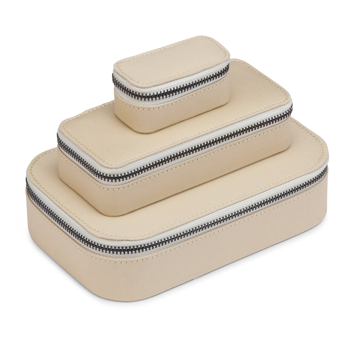 Jewellery box, Light Sand, Mini: A compact fabric jewelry organizer with three rows for rings, earrings, and a compartment for necklaces, secured with a zipper.