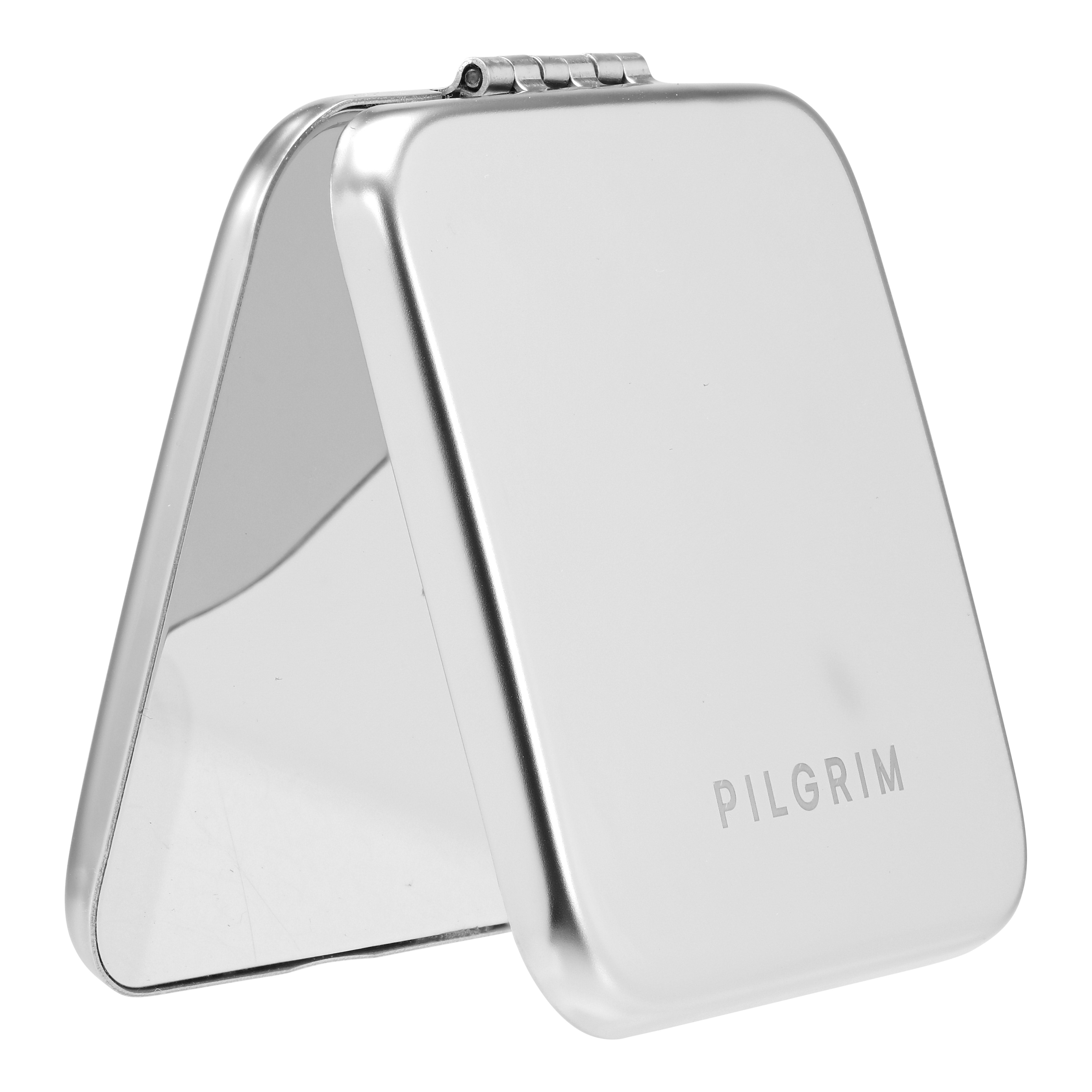 Pilgrim Mirror w. Zebra pouch: A small, hinged metal compact with 'PILGRIM' stamped, featuring a mirror, ideal for on-the-go touch-ups.