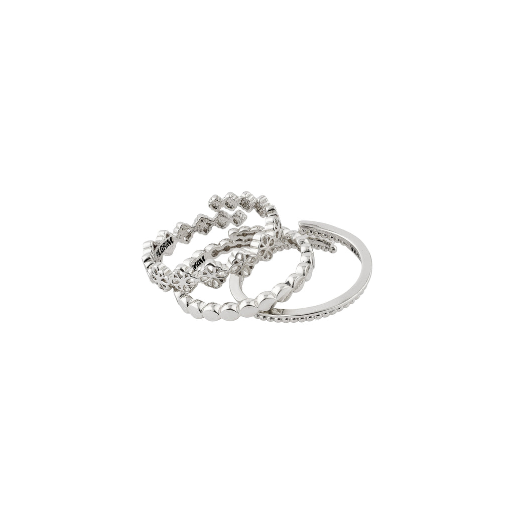 Silver-plated JOY ring set from Pilgrim's collection, featuring three adjustable, delicately patterned rings for a boho-inspired stacked look.