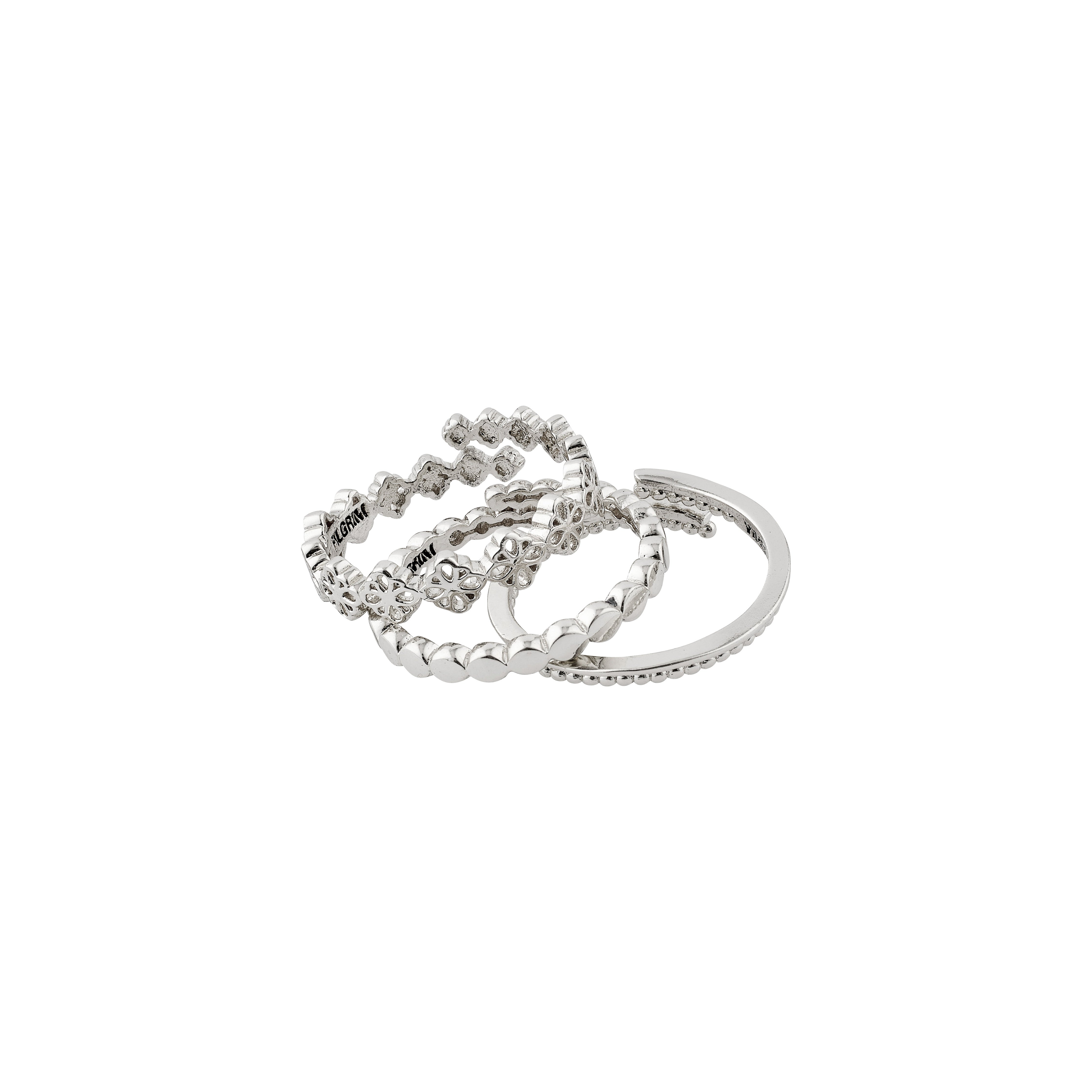 Silver-plated JOY ring set from Pilgrim's collection, featuring three adjustable, delicately patterned rings for a boho-inspired stacked look.
