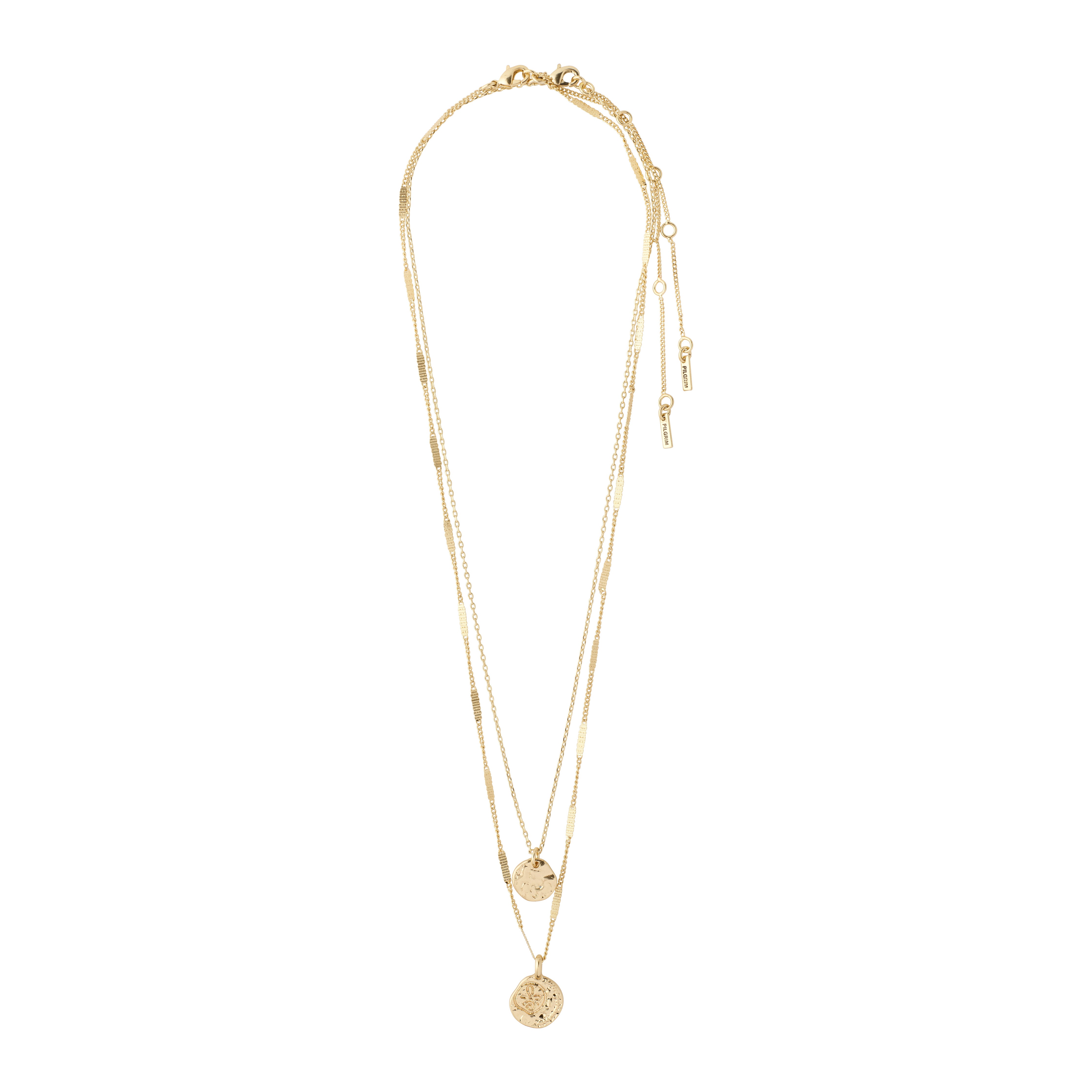HAVEN 2-in-1 coin necklace gold-plated with layered chains, featuring hammered and stamped coin pendants, adjustable clasp, and decorative bars for a chic, bohemian style.
