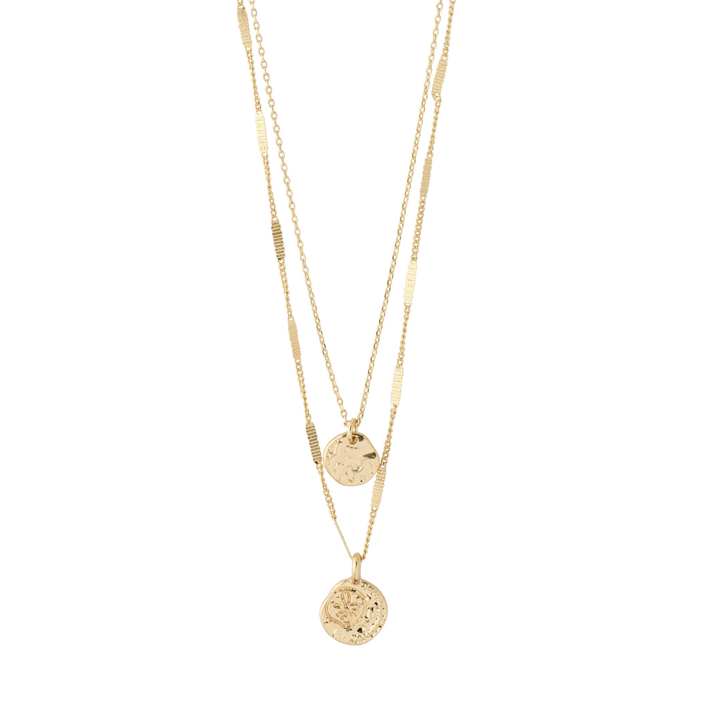 HAVEN 2-in-1 coin necklace gold-plated features two layered chains with textured coin pendants and bar details, offering a dynamic, contemporary bohemian style.