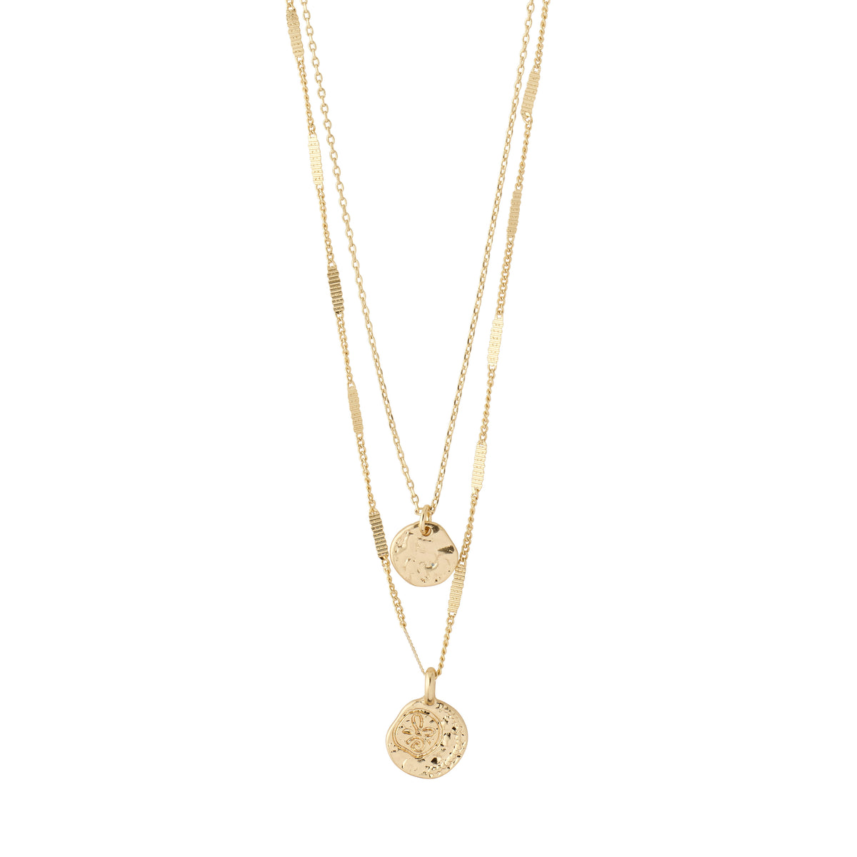 HAVEN 2-in-1 coin necklace gold-plated features two layered chains with textured coin pendants and bar details, offering a dynamic, contemporary bohemian style.