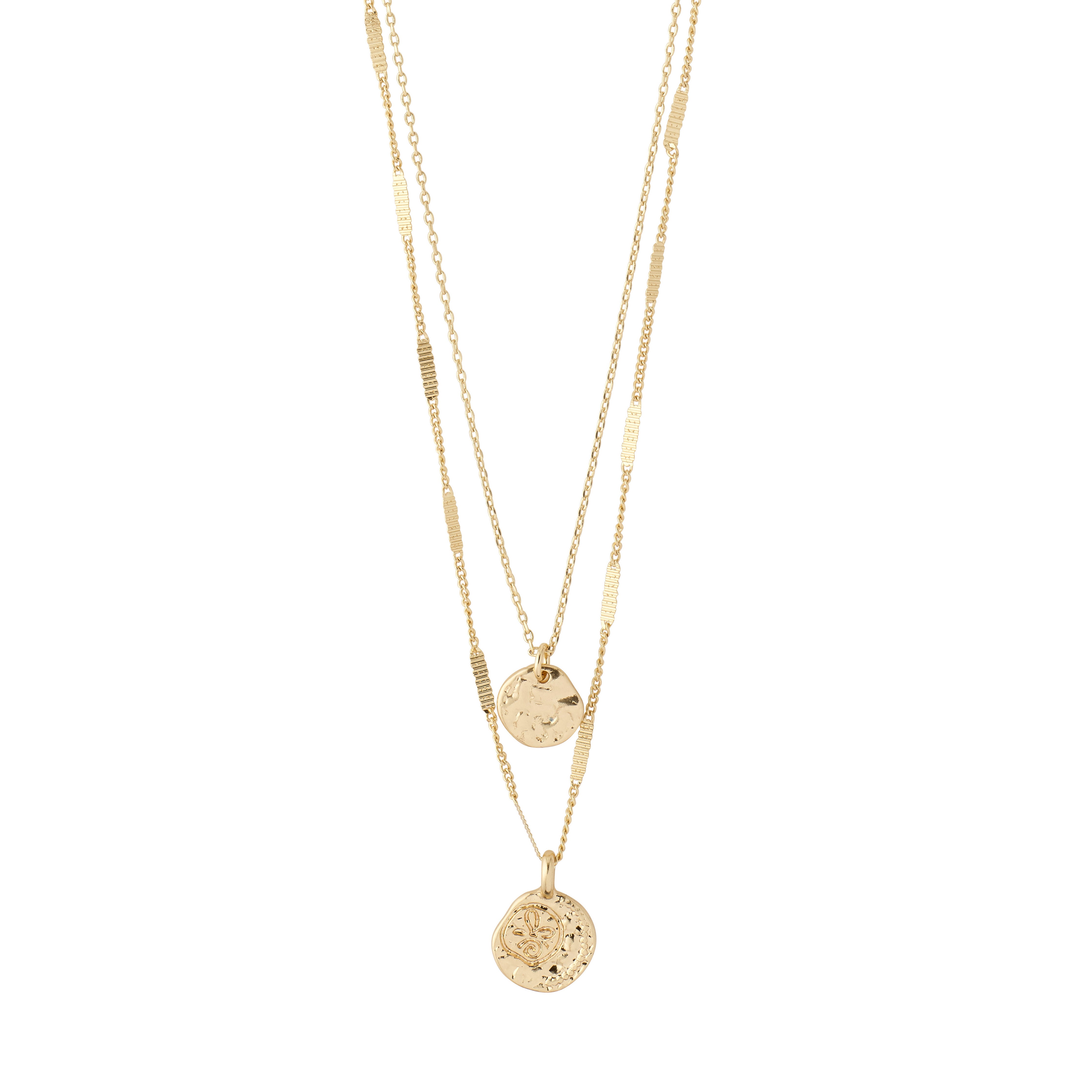 HAVEN 2-in-1 coin necklace gold-plated features two layered chains with textured coin pendants and bar details, offering a dynamic, contemporary bohemian style.