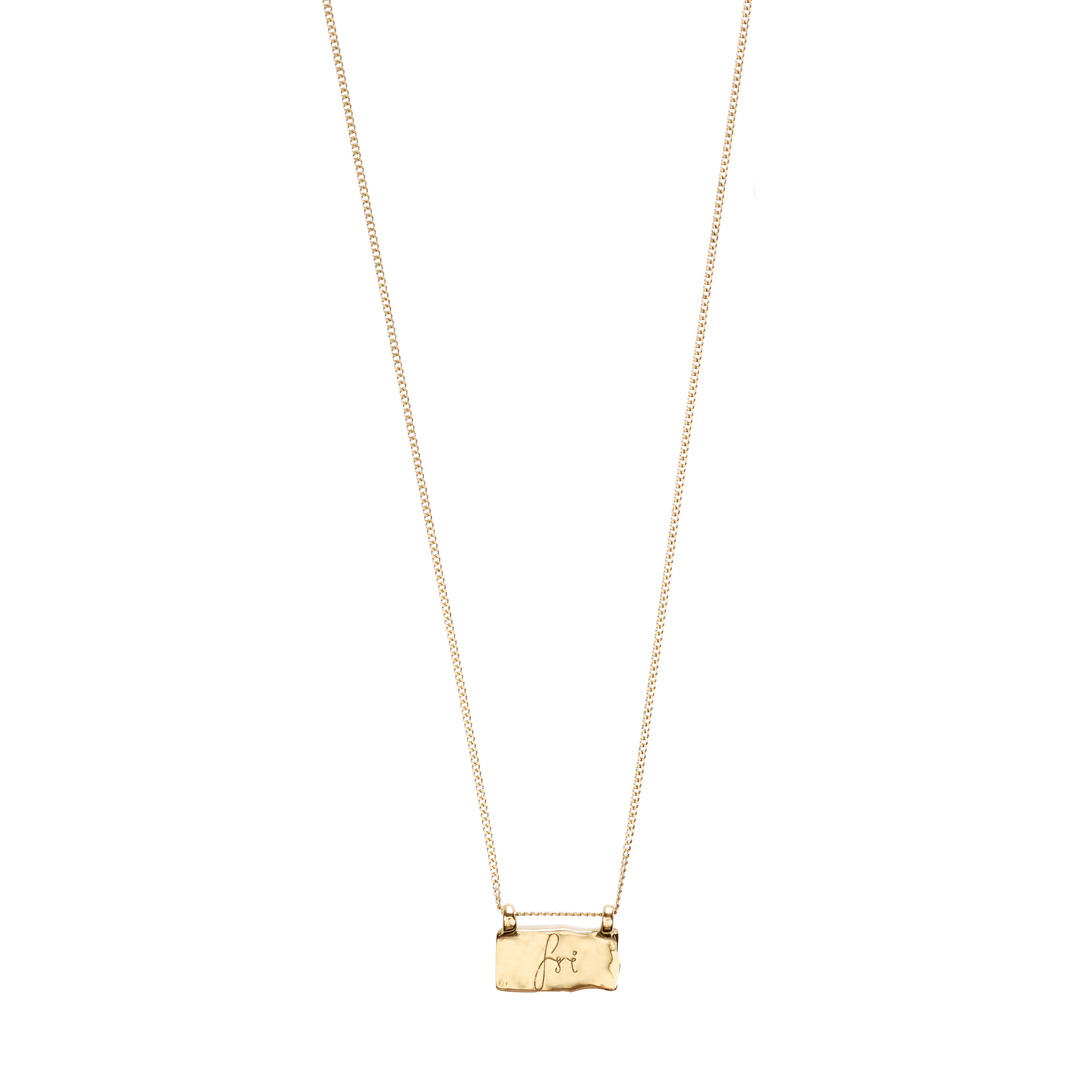 Gold-plated rectangular pendant necklace, Fri Af Misbrug, on a sleek chain, featuring FRI and an organization's logo, supporting compassionate counseling.