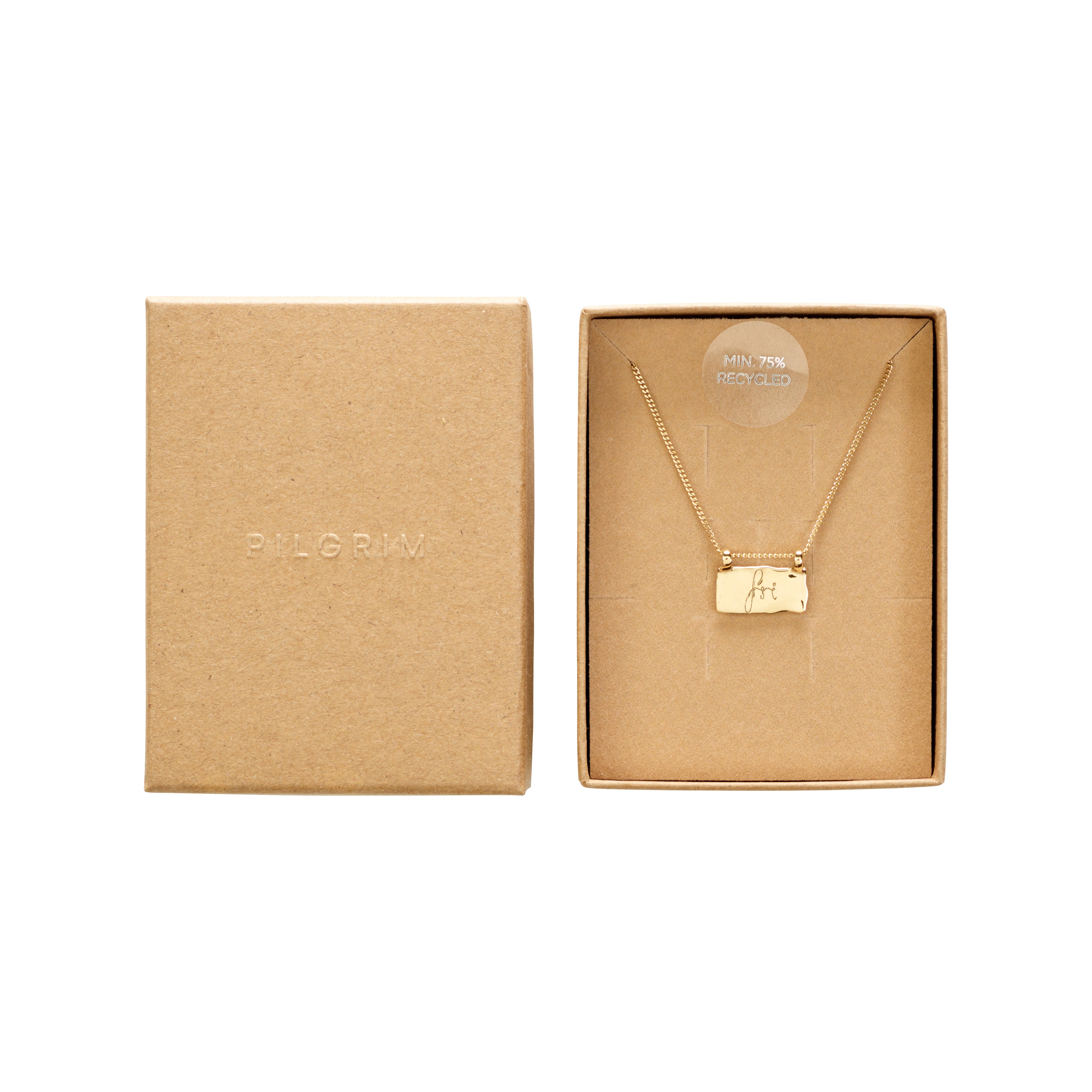 Gold-plated Necklace, Fri Af Misbrug in box, featuring a wavy surface pendant inscribed with FRI and organization logo, supporting a compassionate cause.