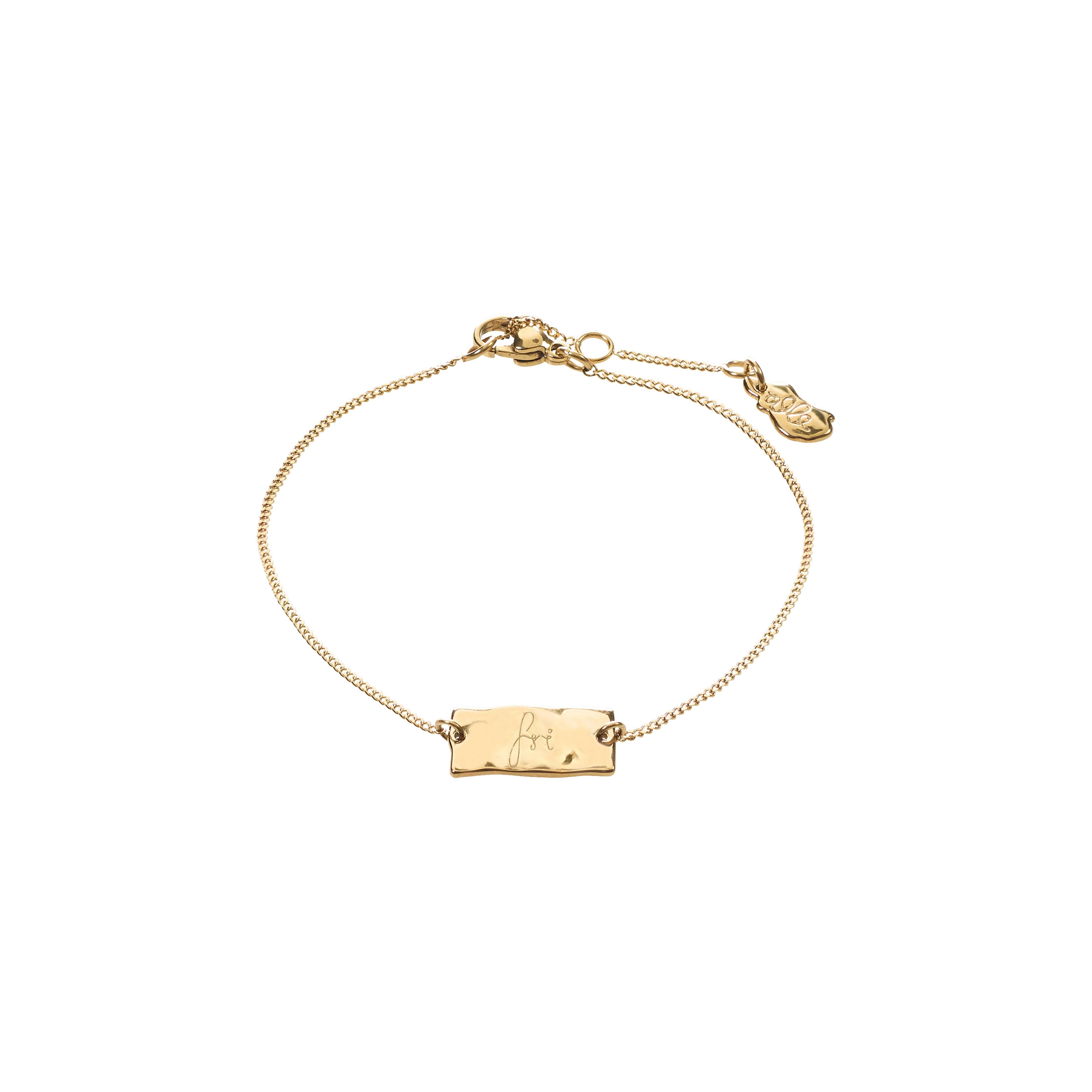 Gold-plated Bracelet, Fri Af Misbrug: Features a rectangular pendant with FRI engraving, supporting charity. Elegant wavy design, fits most with extension chain.