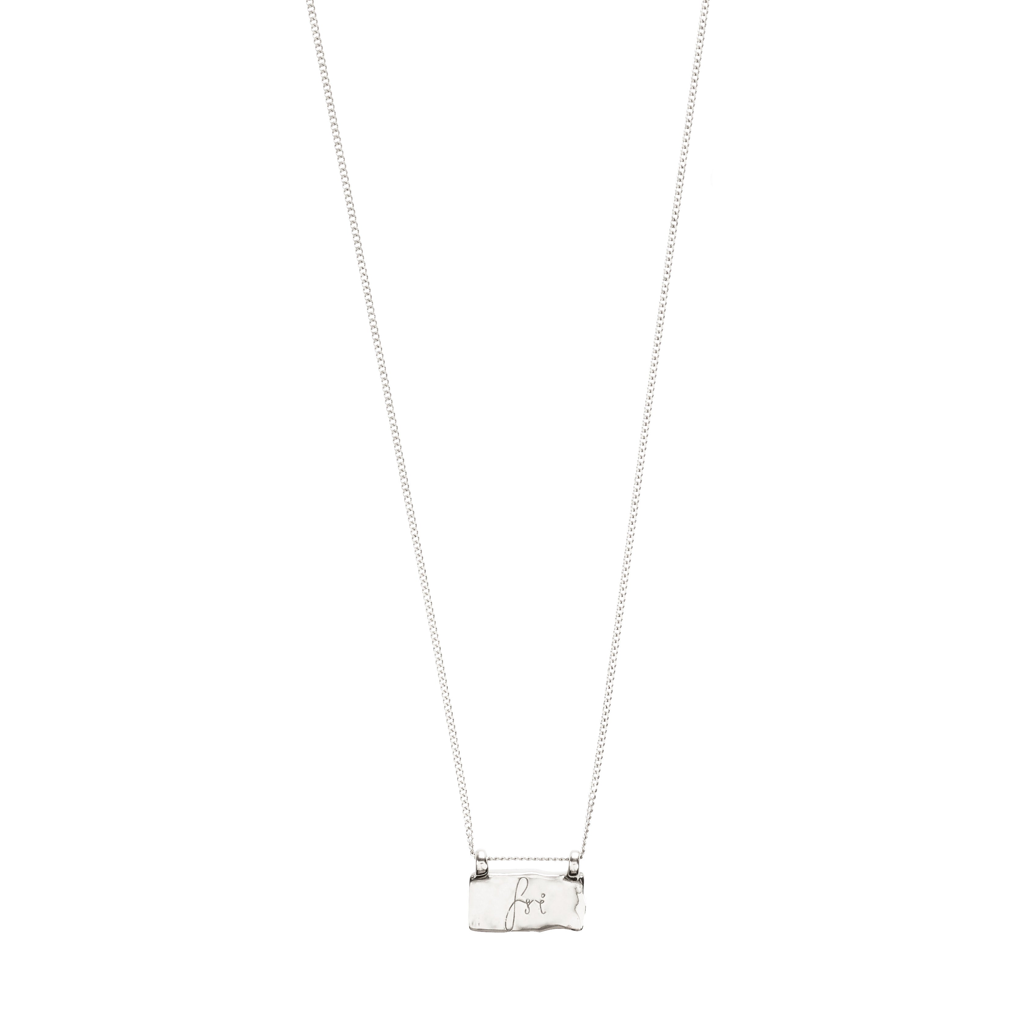 Necklace, Fri Af Misbrug: Silver-plated chain with a rectangular pendant featuring FRI and a logo, representing care and support.