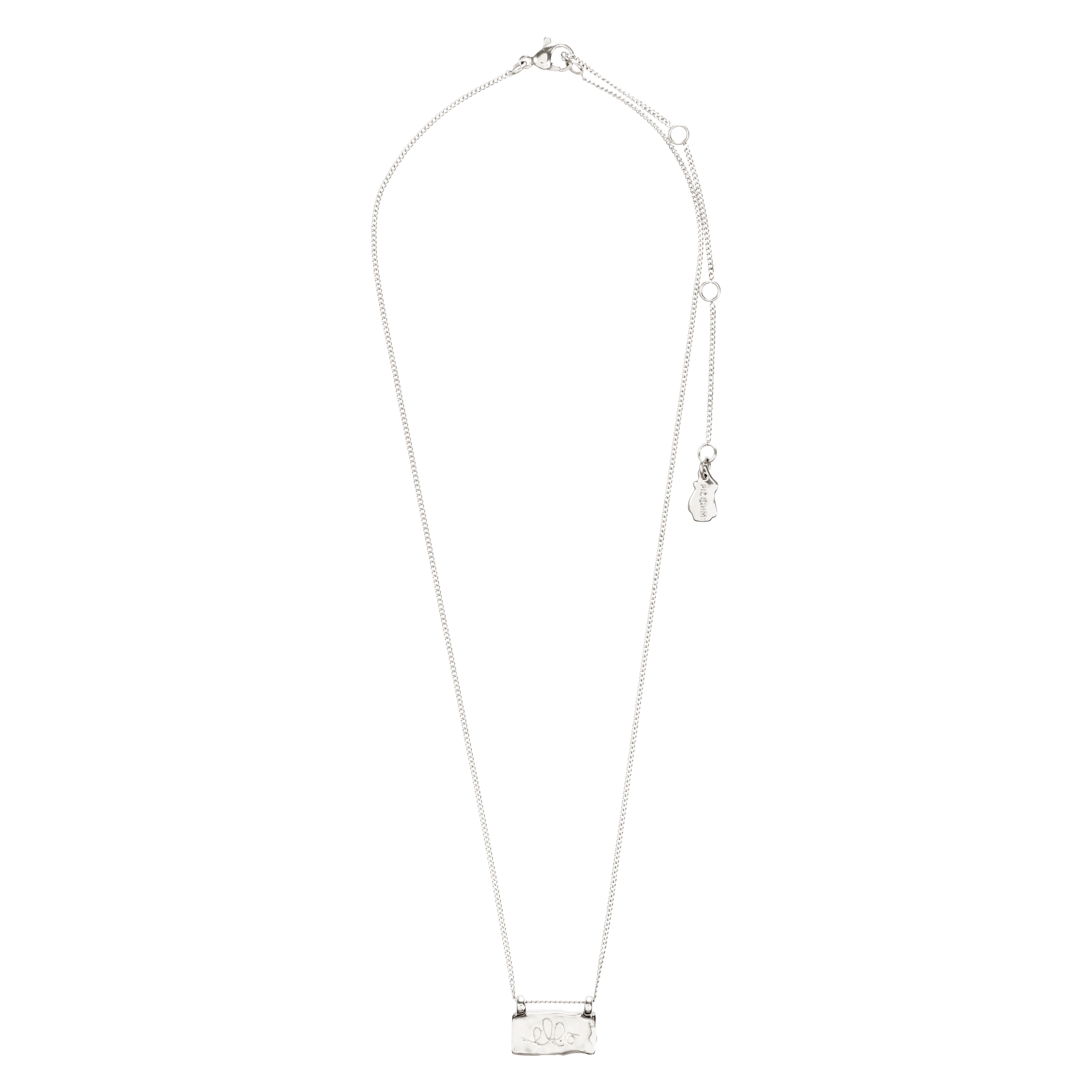 Silver-plated necklace with a rectangular pendant featuring FRI and a logo, supporting FRI AF MISBRUG, reflecting light on a sleek chain.
