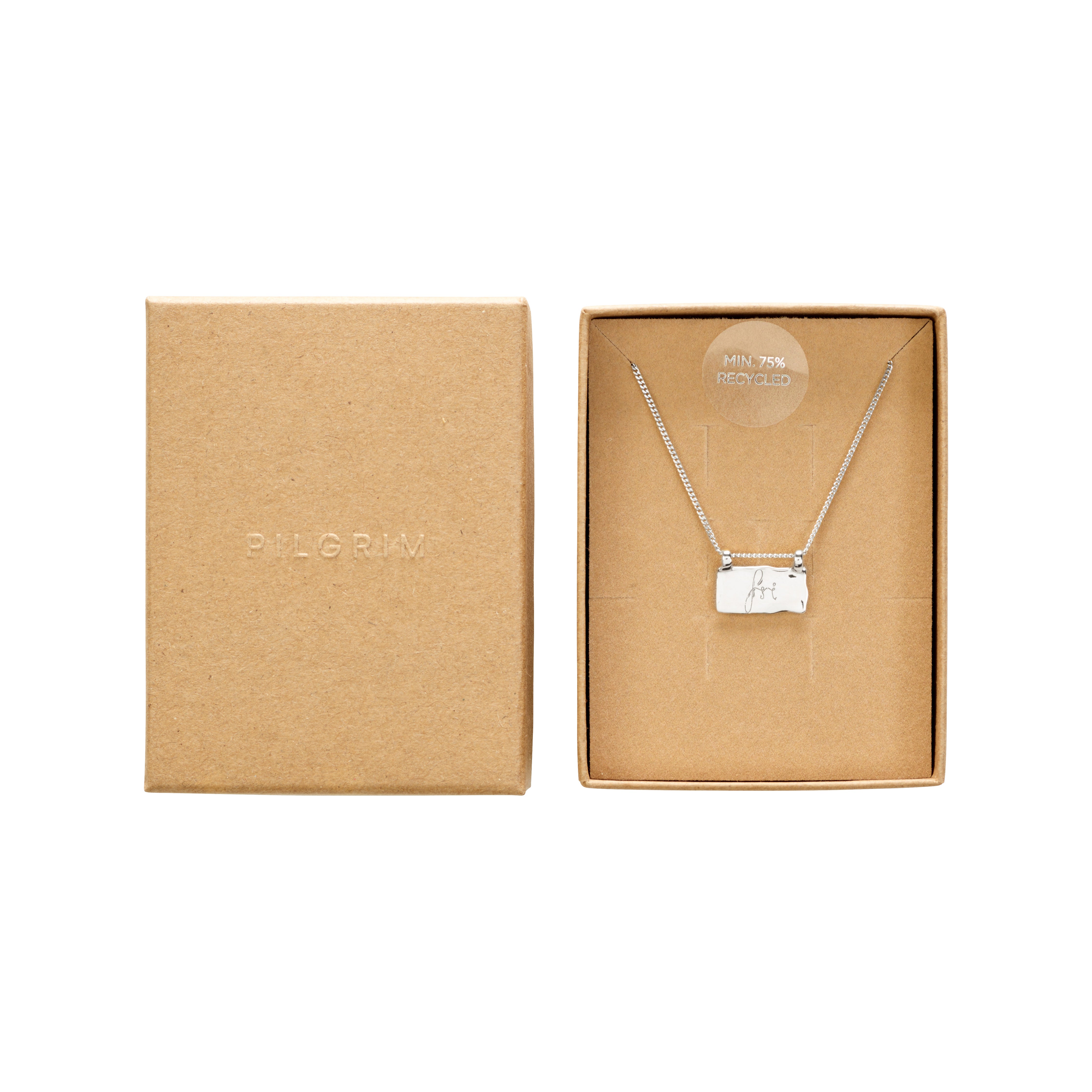 Necklace, Fri Af Misbrug, silver-plated, featuring a rectangular pendant with a wavy surface, in a box, supporting FRI AF MISBRUG's cause.
