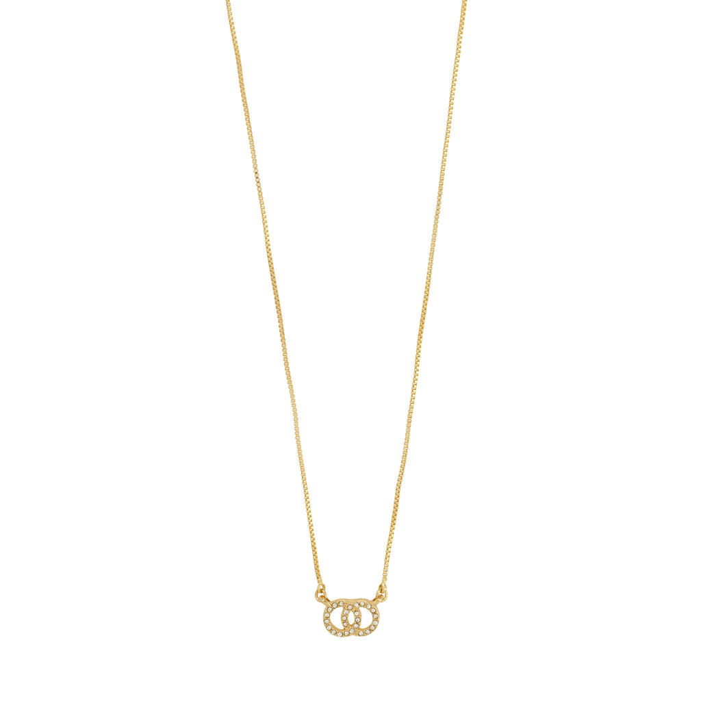 HARLAN gift set: Gold-tone necklace featuring interlocking ovals with crystals, matched with stud earrings. Minimalist design for elegant, day-to-night style.