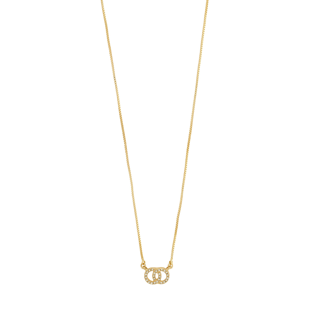 HARLAN gift set: Gold-tone necklace featuring interlocking ovals with crystals, matched with stud earrings. Minimalist design for elegant, day-to-night style.