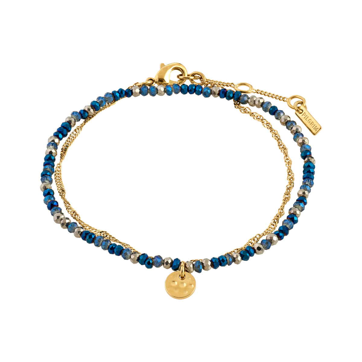 BELLAMY gift set: Double-strand bracelet with metallic blue-gray beads and a gold-tone chain, featuring a lobster clasp and branded charm, offering versatile, elegant layering.