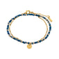 BELLAMY gift set: Double-strand bracelet with metallic blue-gray beads and a gold-tone chain, featuring a lobster clasp and branded charm, offering versatile, elegant layering.