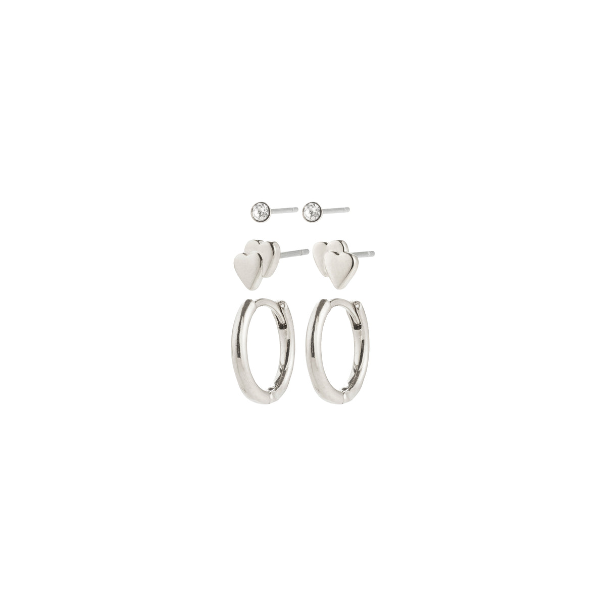 HALO gift set: Three silver-plated earrings including crystal studs, heart-shaped studs, and huggie hoops, crafted from recycled material for versatile, eco-conscious styling.