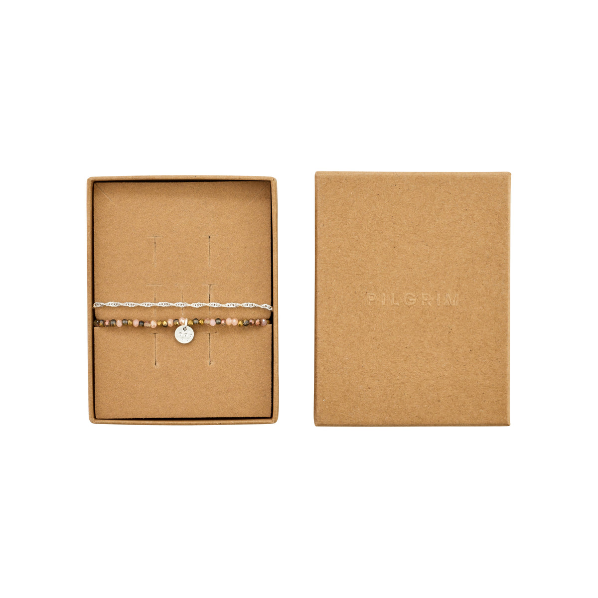 BELLAMY gift set: Open eco-style box with two bracelets—a silver-plated chain and pastel beaded strand with silver charm—offering versatile, stylish layering.