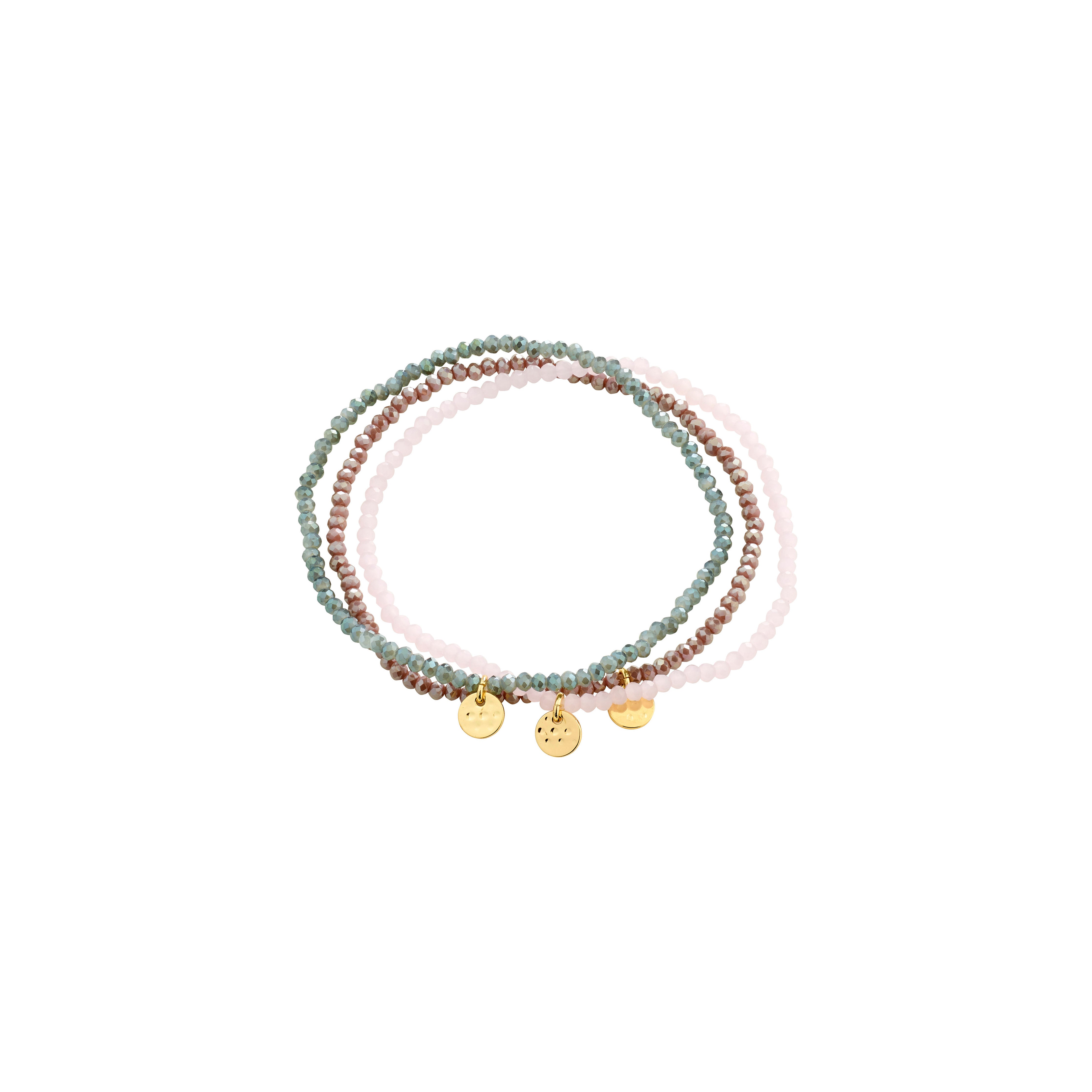INDIGO 3-in-1 bracelet set with pastel faceted beads and gold-tone disc charms, perfect for stacking and adding sparkle to any outfit.